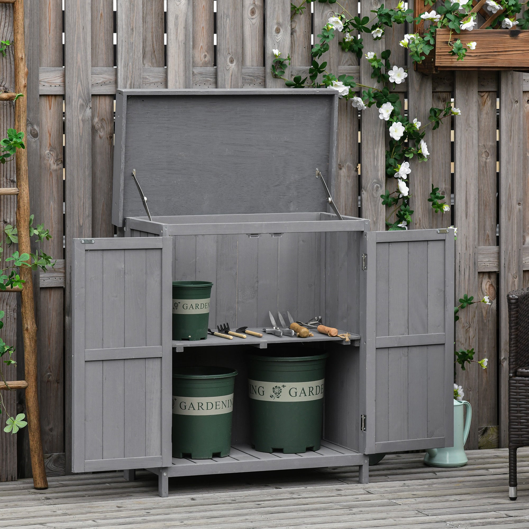 Outsunny Wooden Garden Storage Shed Tool Cabinet Organiser with Shelves, Two Doors,74 x 43 x 88cm, Grey - anydaydirect
