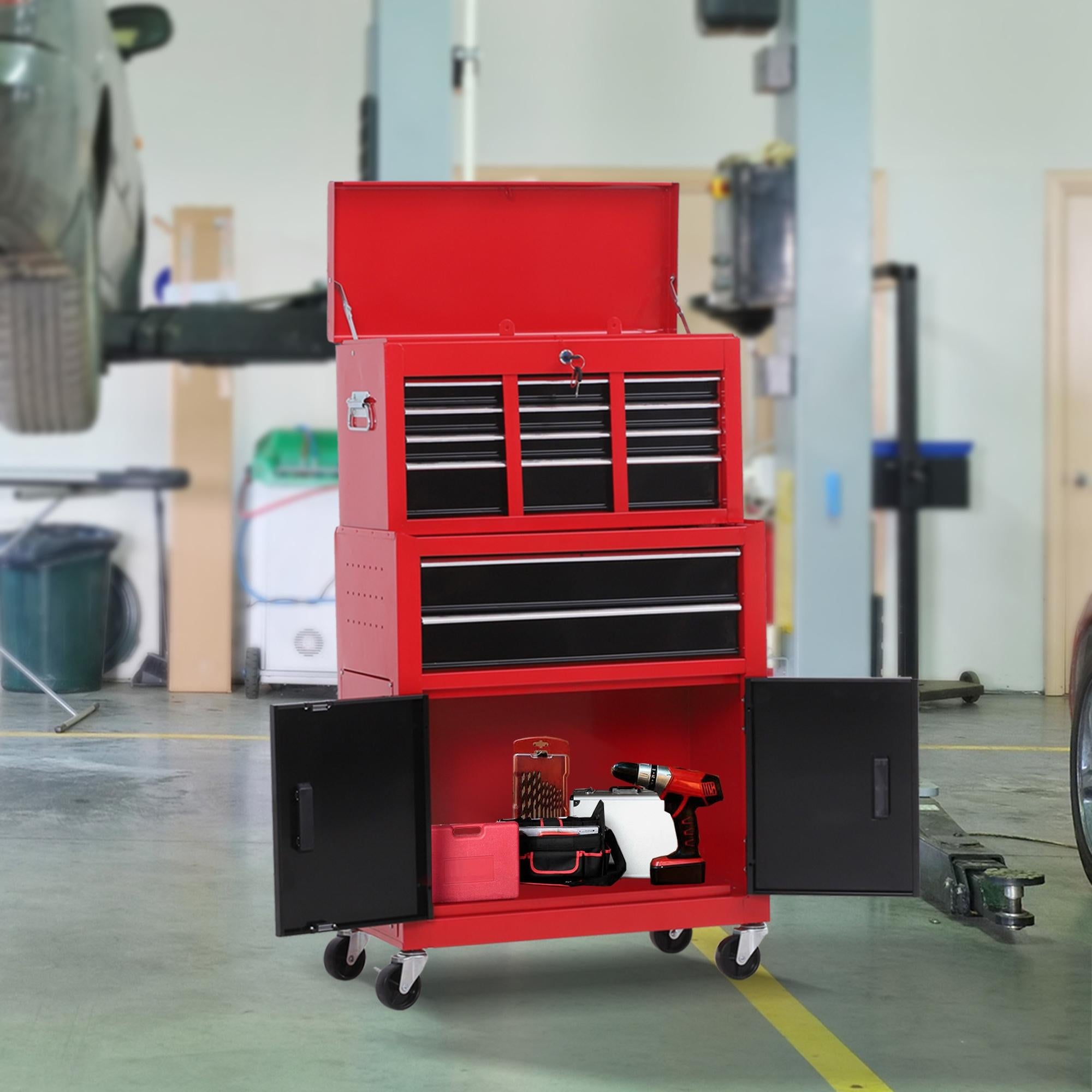 HOMCOM Tool Chest, Metal Tool Cabinet on Wheels with 6 Drawers, Pegboard, Top Chest and Roller Cabinet Combo, 61.6 x 33 x 108cm, Red and Black - anydaydirect