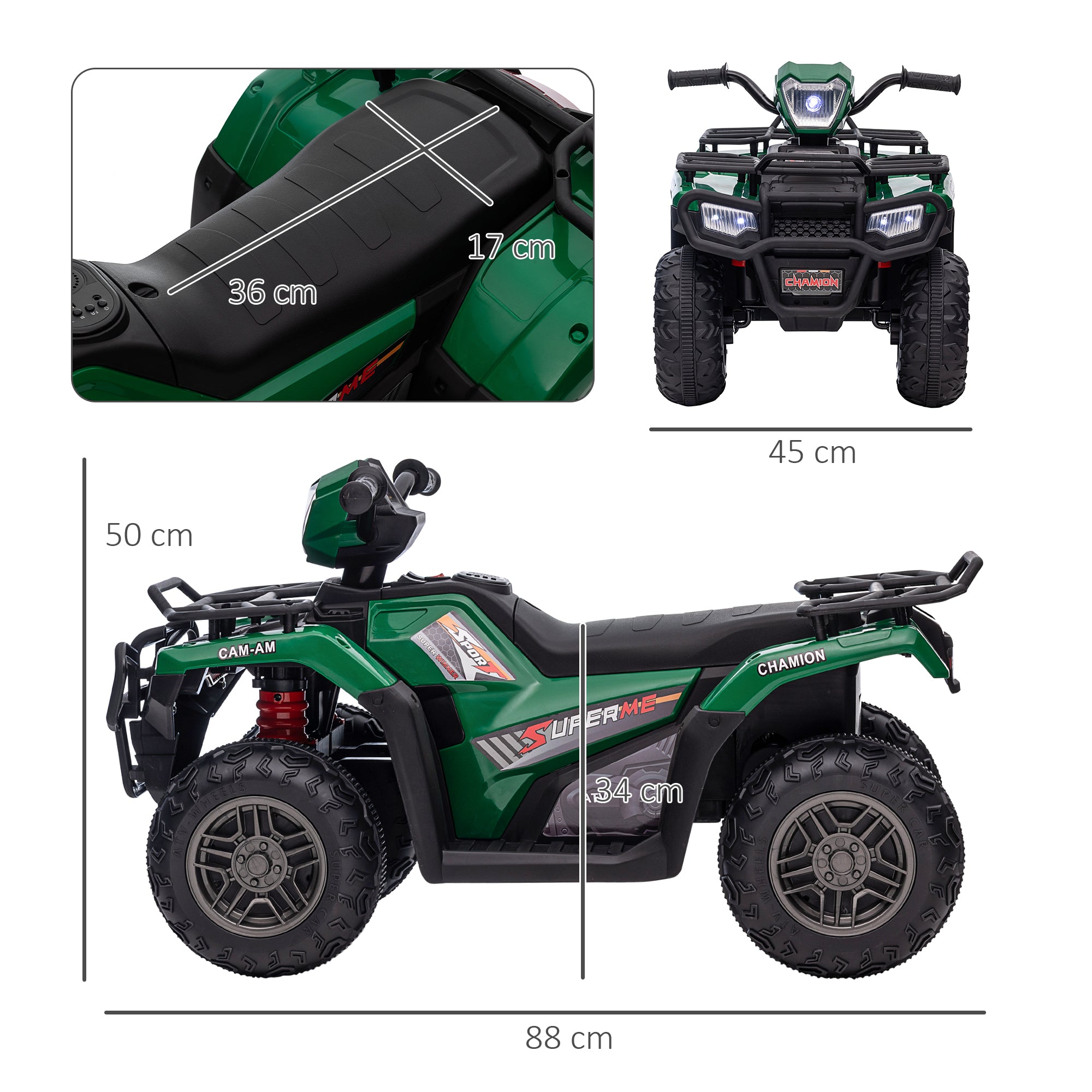 HOMCOM 12V Kids Quad Bike with Forward Reverse Functions, Electric Ride On ATV with Music, LED Headlights, for Ages 3-5 Years - Green - anydaydirect