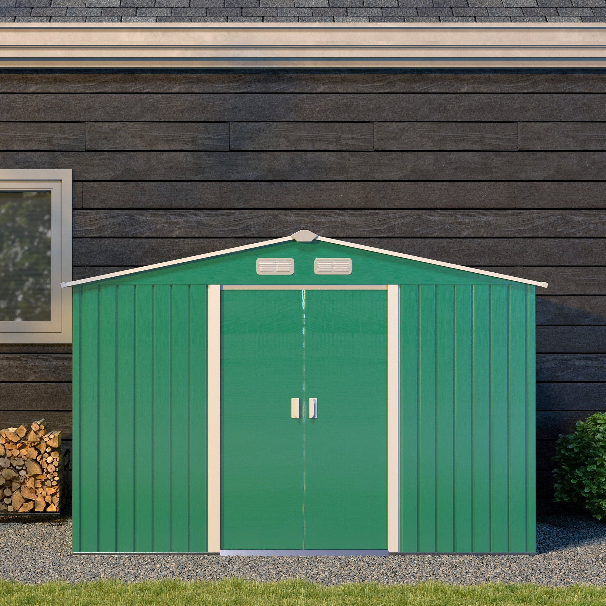 Outsunny Lockable Garden Shed Large Patio Tool Metal Storage Building Foundation Sheds Box Outdoor Furniture (9 x 6 FT, Green) - anydaydirect