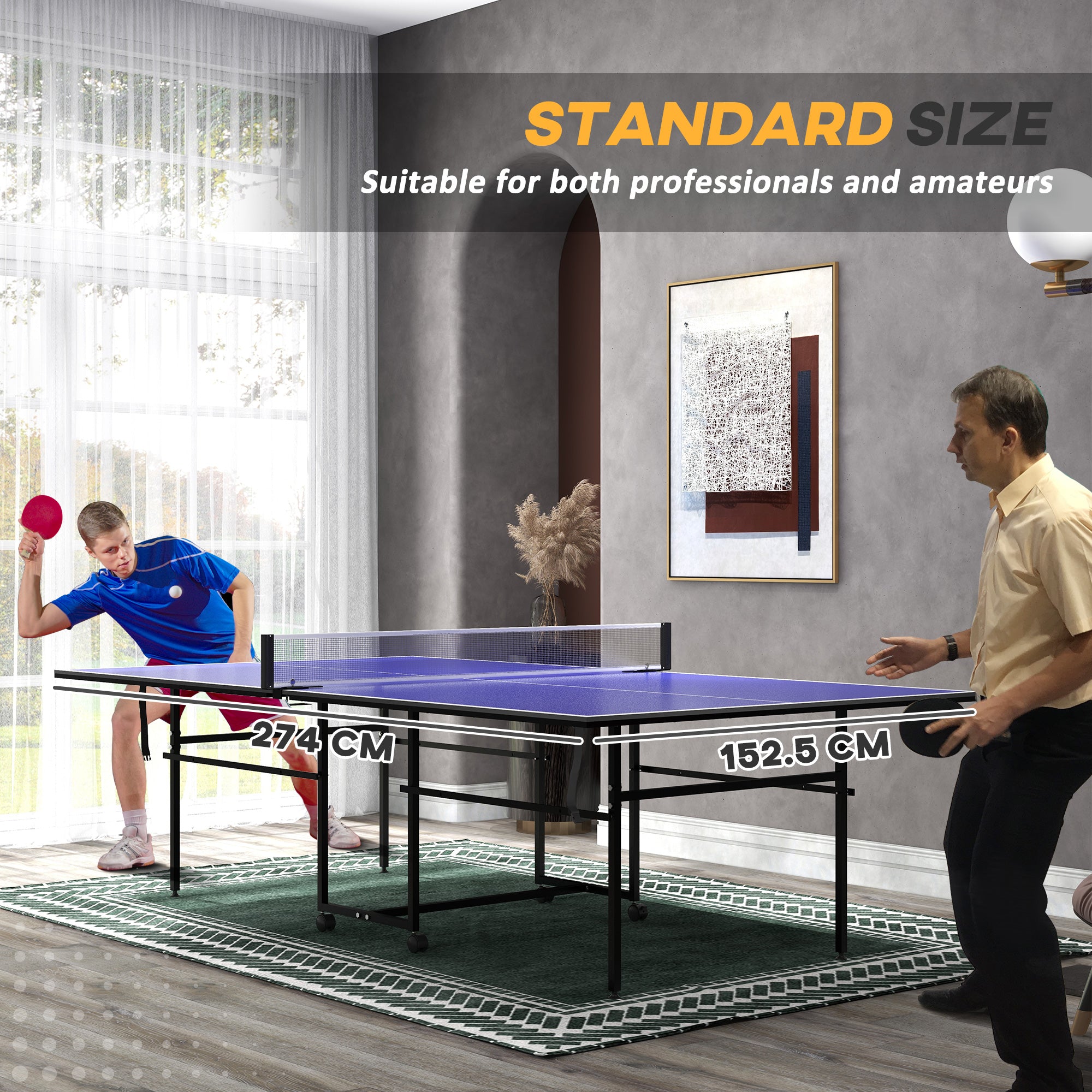 SPORTNOW 9FT Folding Table Tennis Table with Four Wheels, for Indoor Use, Blue - anydaydirect