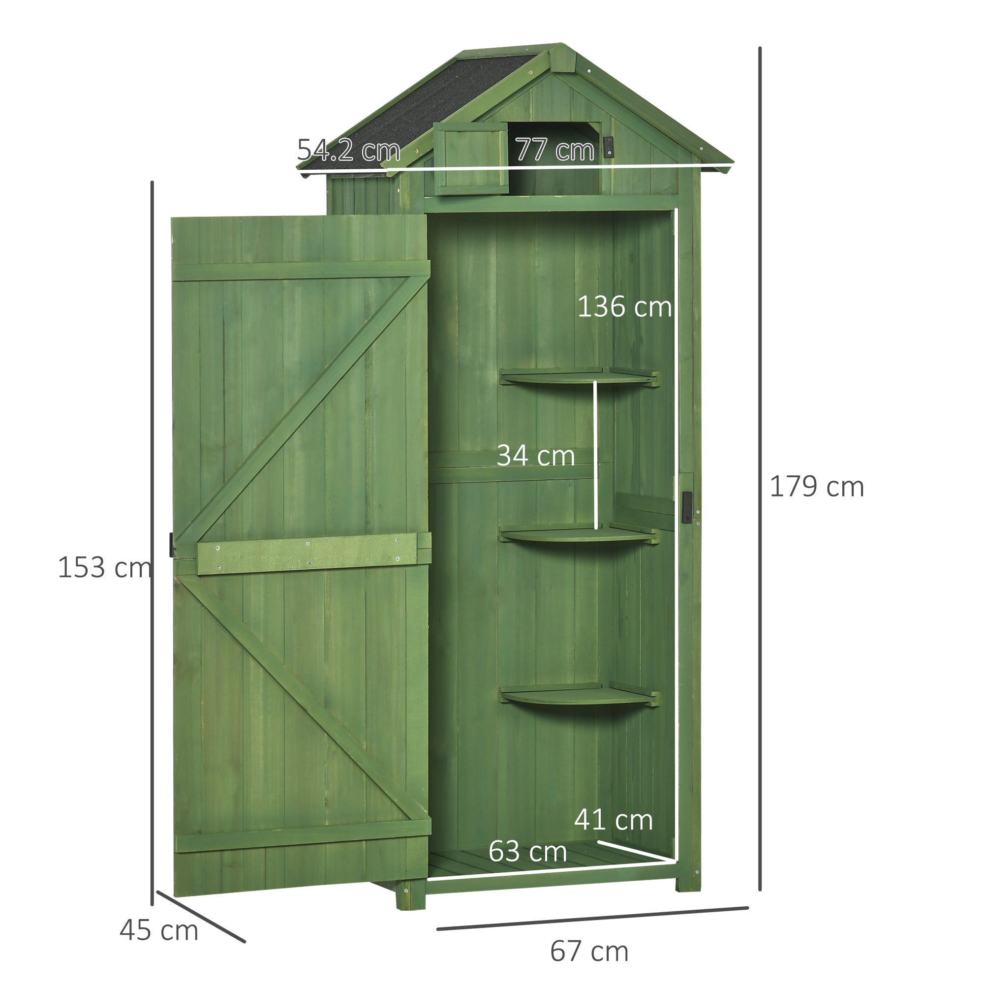 Outsunny Garden Shed Vertical Utility 3 Shelves Shed Wood Outdoor Garden Tool Storage Unit Storage Cabinet, 77 x 54.2 x 179cm - Green - anydaydirect
