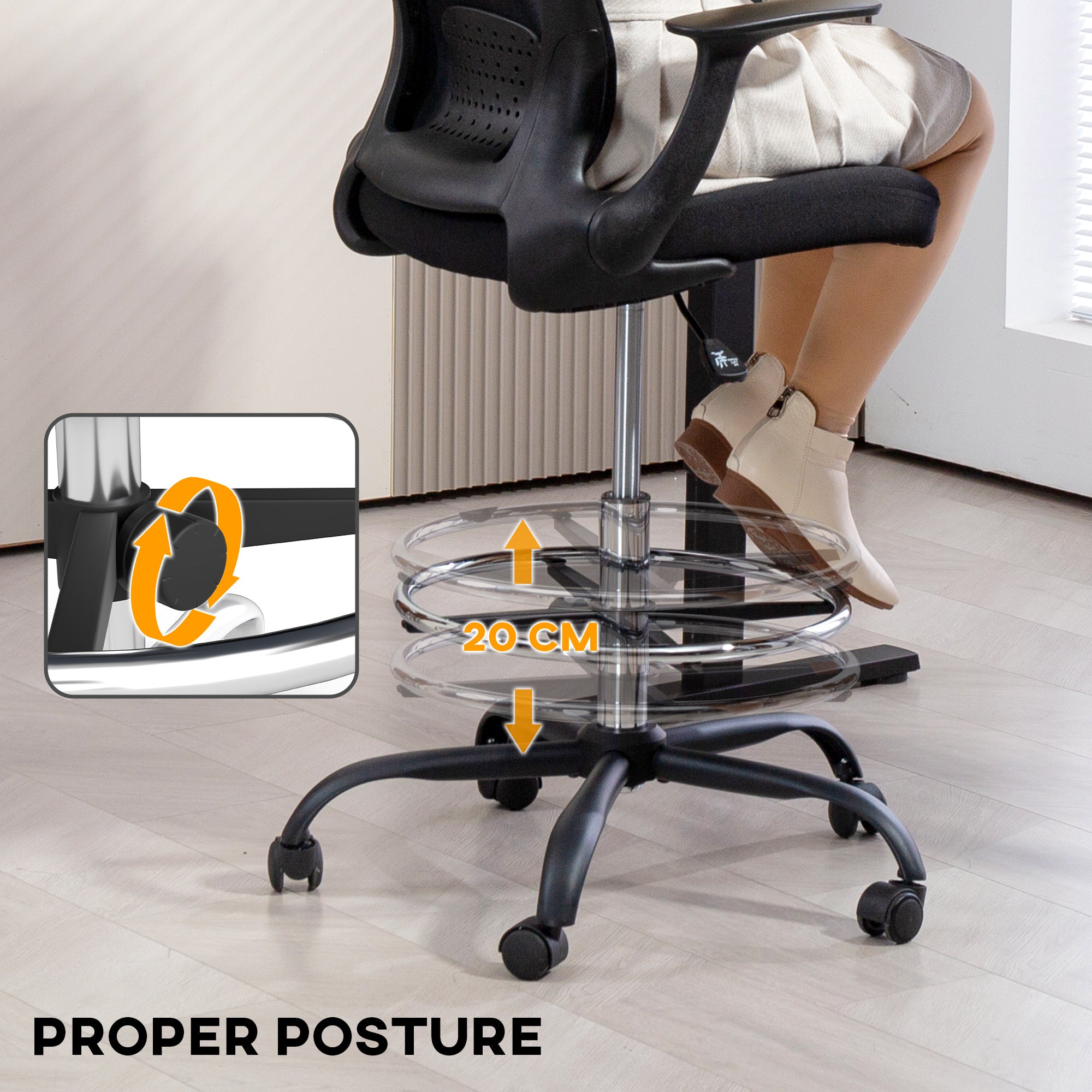 HOMCOM Draughtsman Chair, Mesh Drafting Chair, Ergonomic Office Chair with Flip-up Armrest, Adjustable Foot Ring, Black - anydaydirect