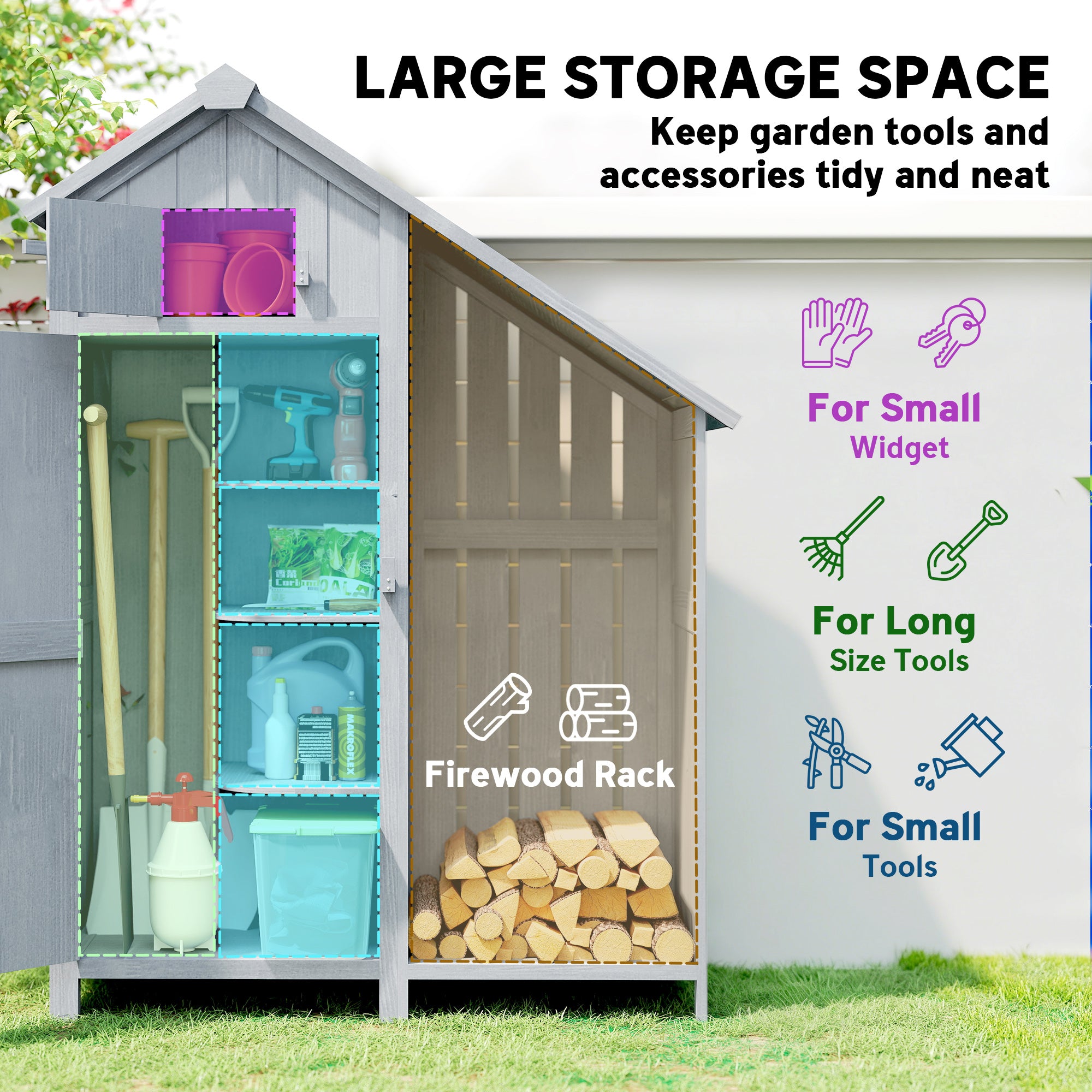 Outsunny Garden Outdoor Storage Shed 3 Shelves Tilt Roof w/ Firewood Rack Log Carrier, 129L x 51.5W x 180H cm - anydaydirect