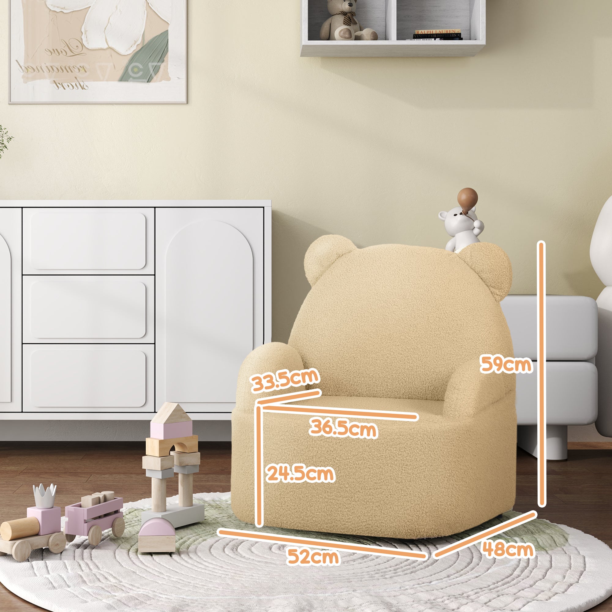 AIYAPLAY Kids Armchair, Bear Shaped Toddler Chair for Bedroom Playroom Living Room, Aged 18 Months to 3 Years - Khaki - anydaydirect