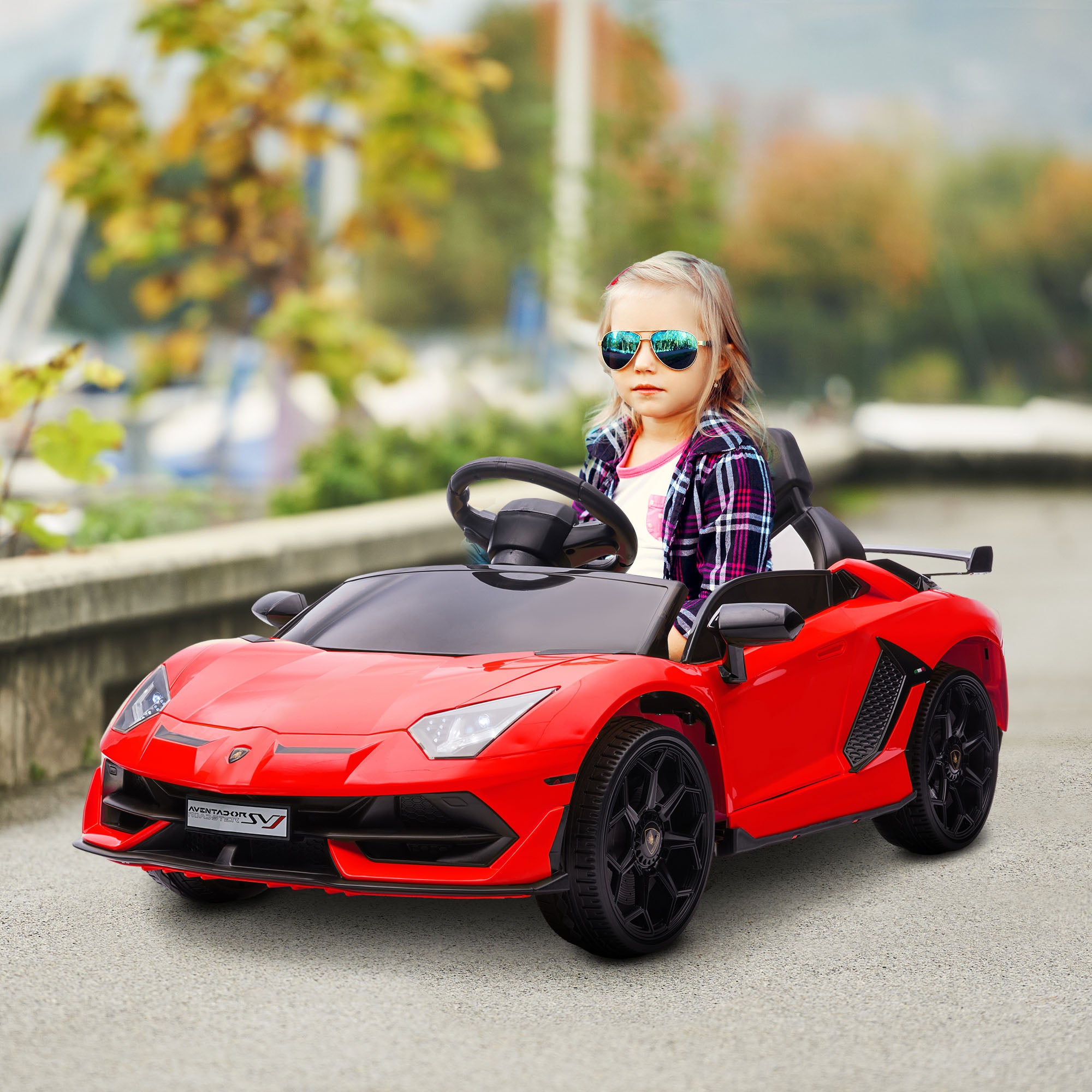 HOMCOM Lamborghini Licensed 12V Kids Electric Car w/ Butterfly Doors, Easy Transport Remote, Music, Horn, Suspension - Red - anydaydirect