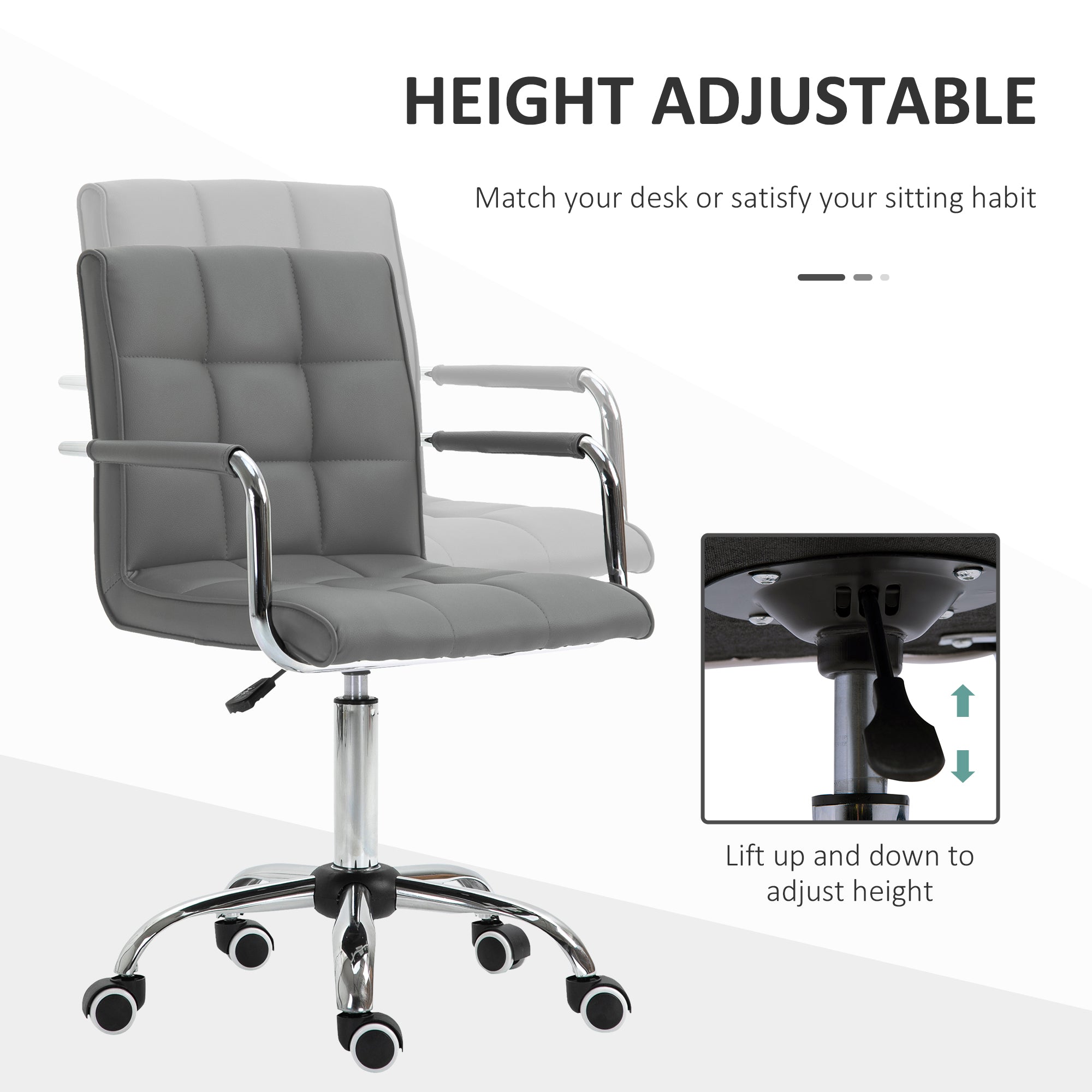 Vinsetto PU Leather Home Office Desk Chair, Computer Chair with Mid Back, Arm, Swivel Wheels, Adjustable Height, Grey - anydaydirect