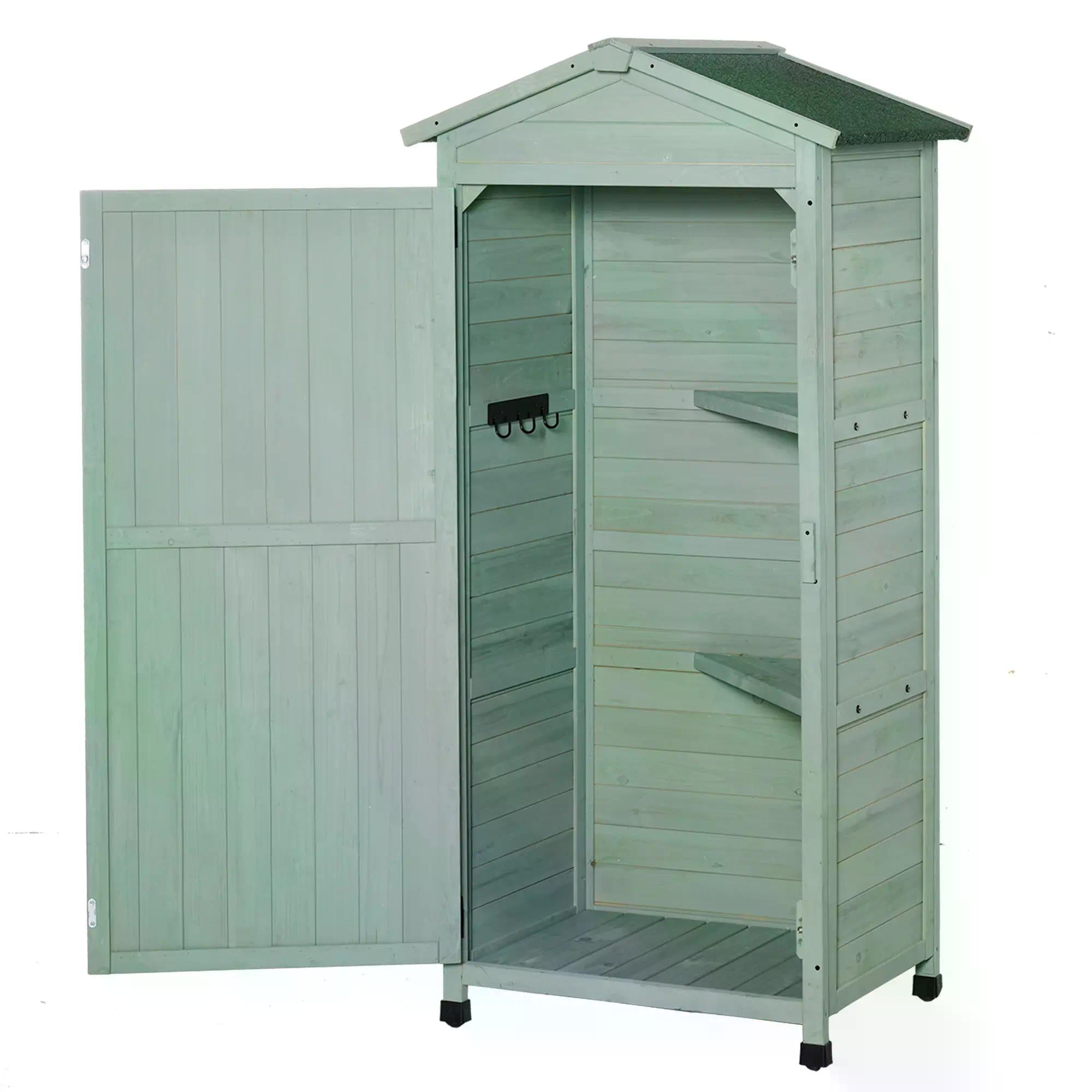 Outsunny Wooden Garden Cabinet 3-Tier Storage Shed 2 Shelves Lockable Organizer with Hooks Foot Pad 74 x 55 x 155cm Green - anydaydirect