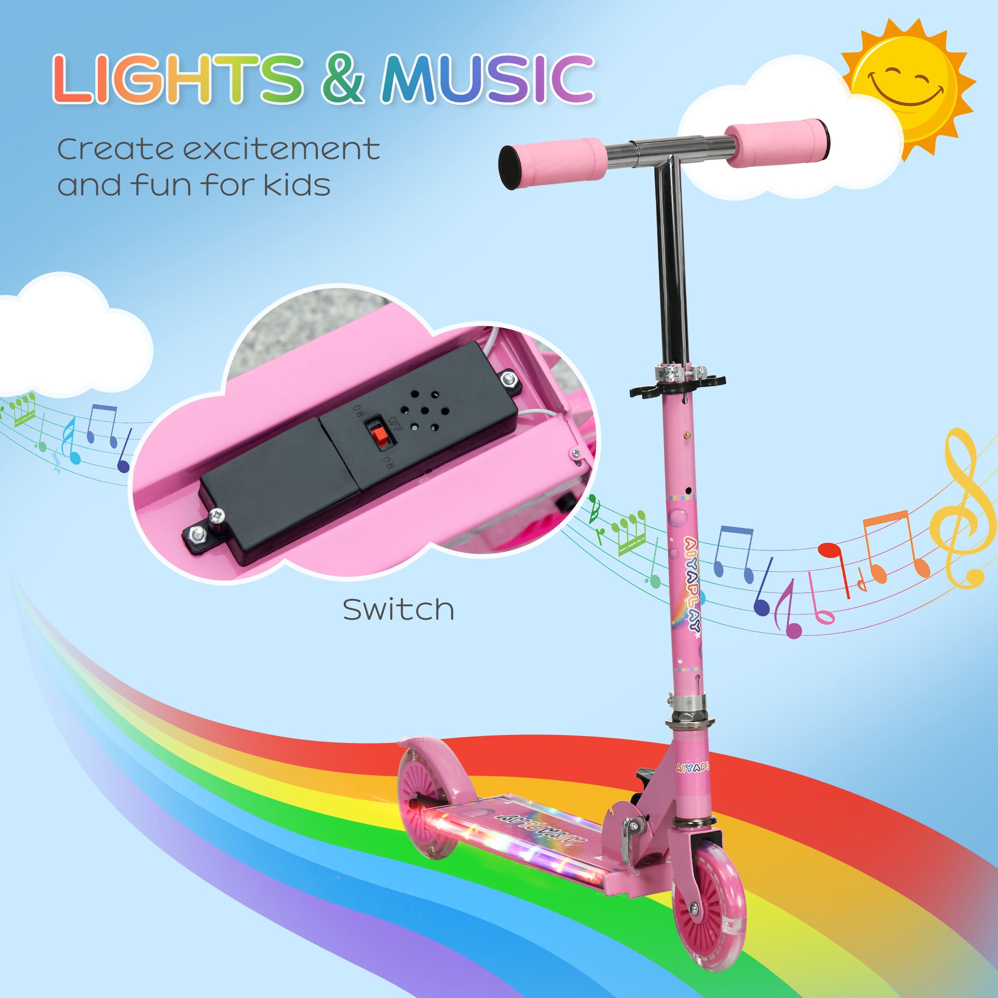 HOMCOM Kids Scooter with LED Wheels, Adjustable Height, Folding Design, Lights & Music, for Ages 3-7, Pink - anydaydirect