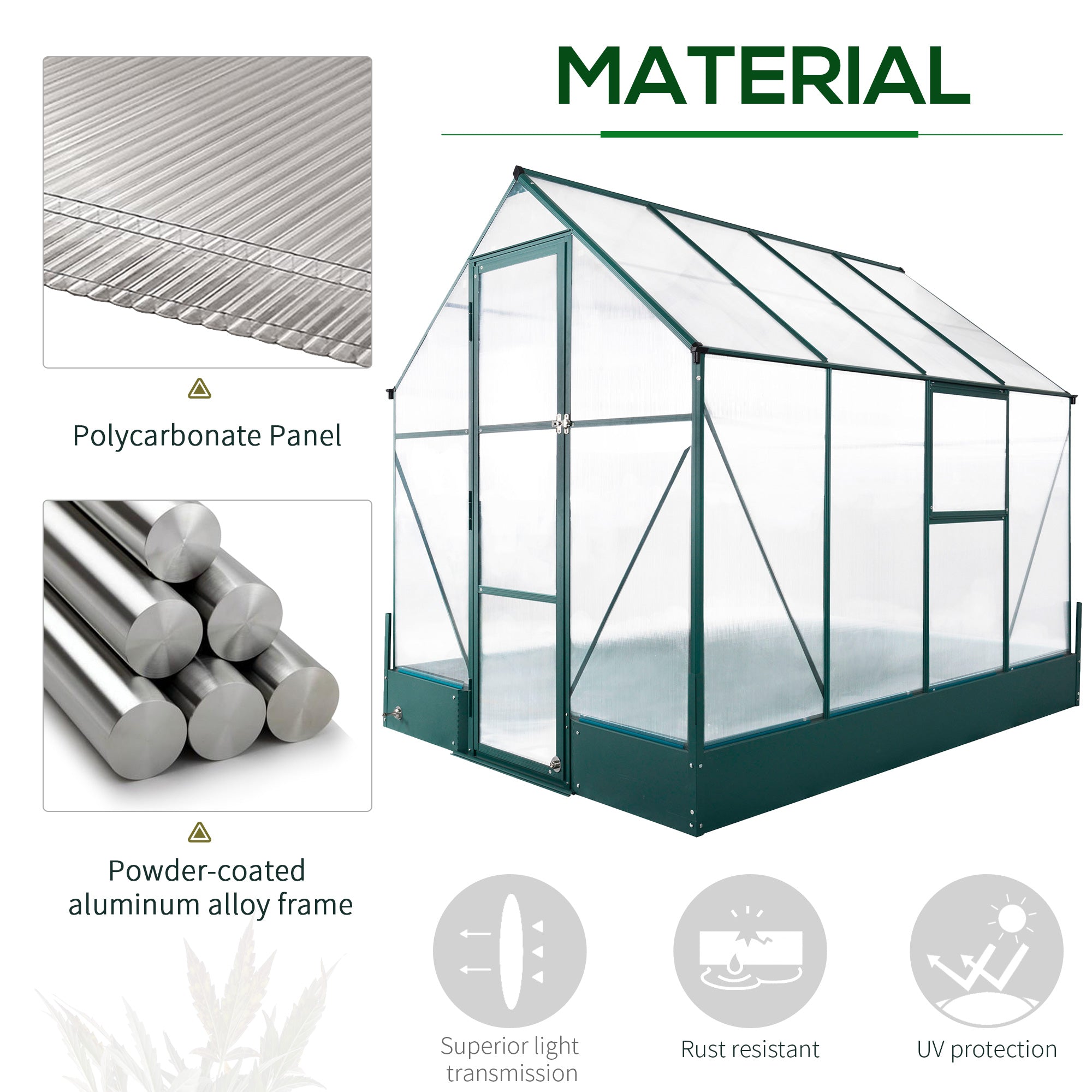 Outsunny Garden Walk-in Aluminium Greenhouse Polycarbonate with Plant Bed, Temperature Controlled Window, Foundation, 6 x 8ft - anydaydirect