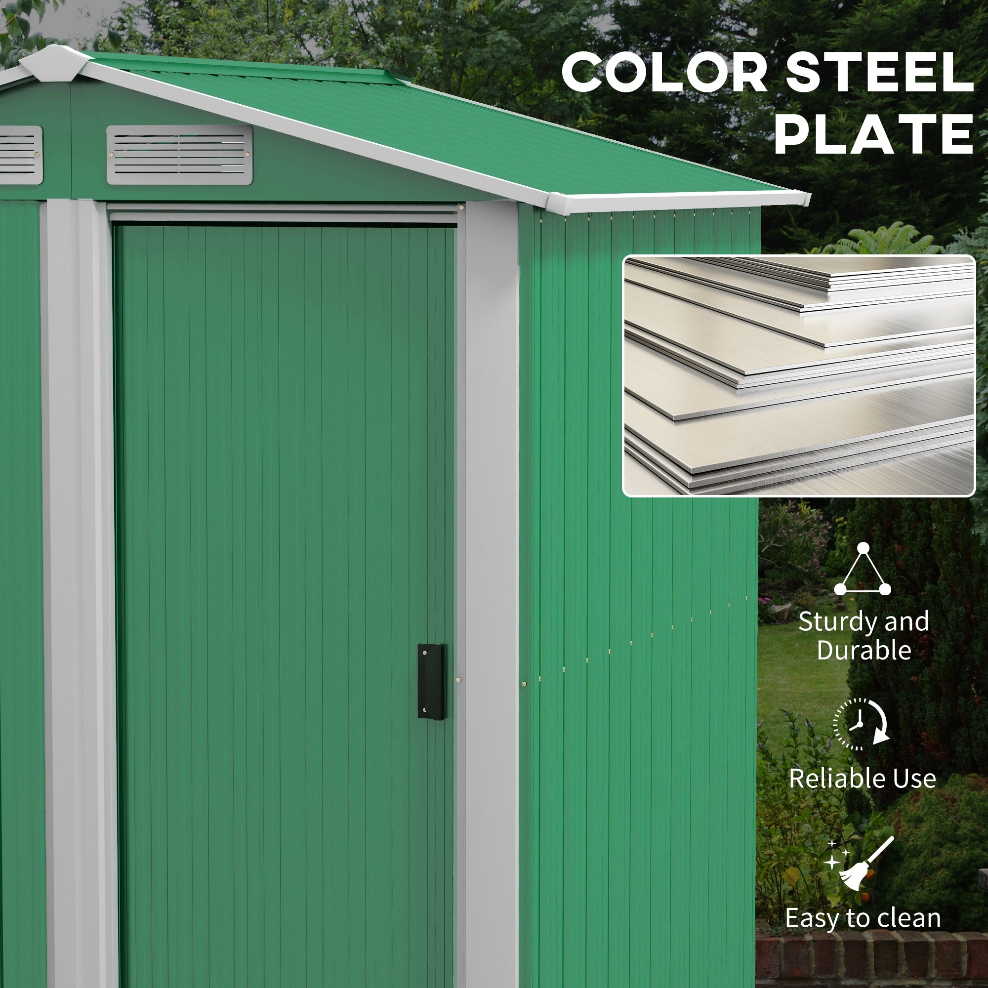 Outsunny Garden Metal Tool Storage Shed with Sliding Door, Sloped Roof and Floor Foundation, 152 x 132 x 188cm, Green - anydaydirect