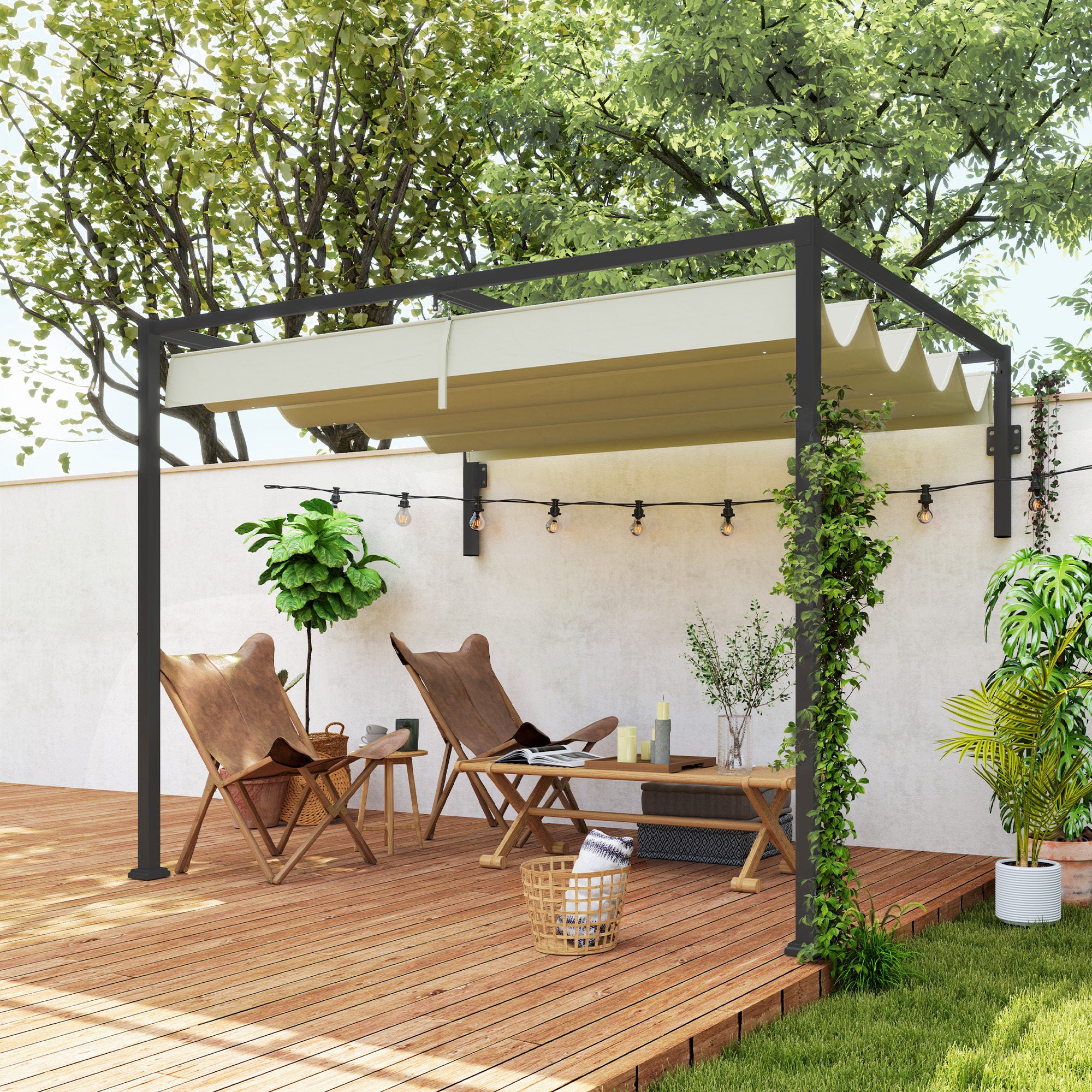 Outsunny 2 x 3(m) Lean To Steel Pergola, with Moving Fabric Canopy - Khaki - anydaydirect