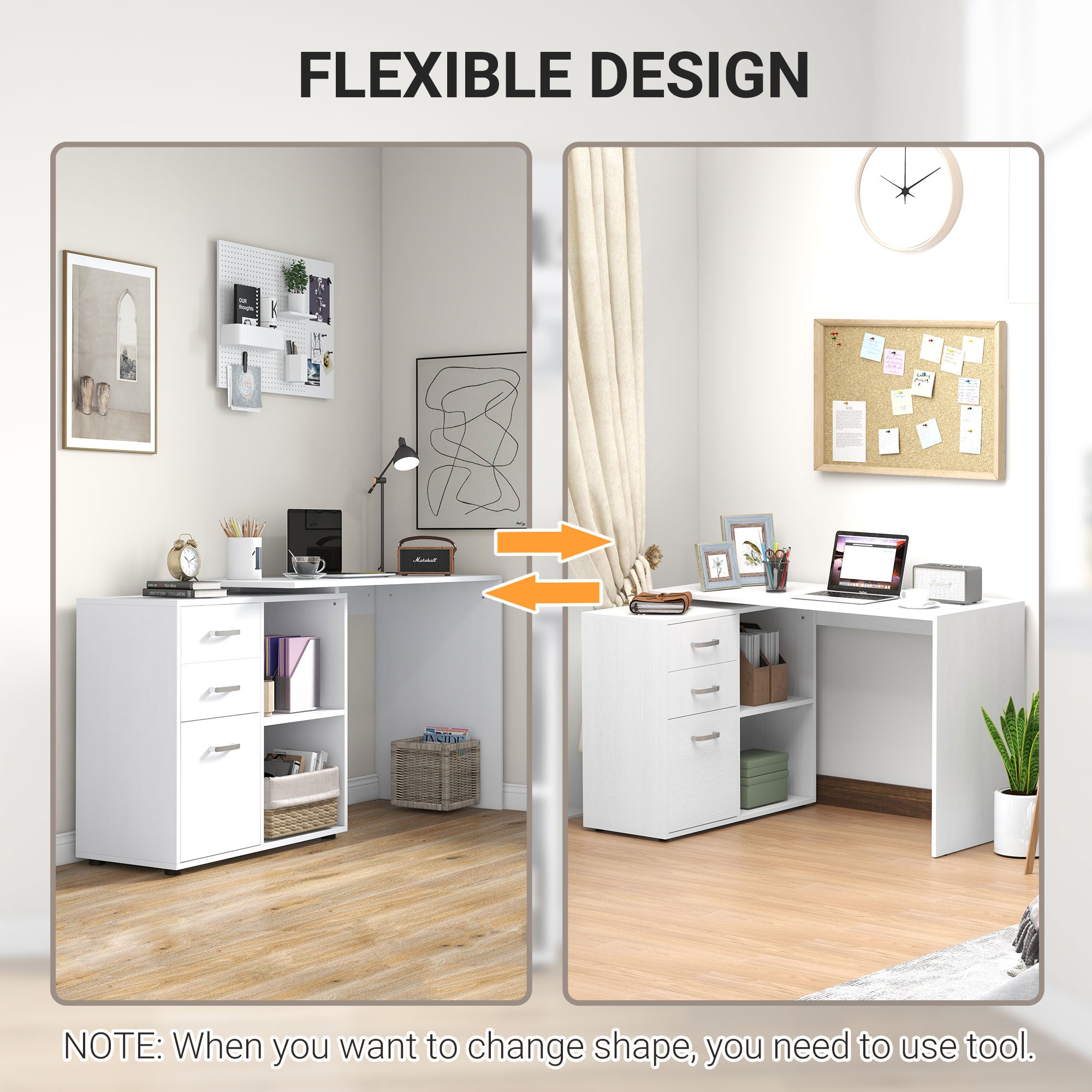 HOMCOM L Shaped Computer Desk, Reversible Home Office Desk with Drawers, File Cabinet and Storage Shelves, Study Table, 117 x 83.5 x 76cm, White - anydaydirect
