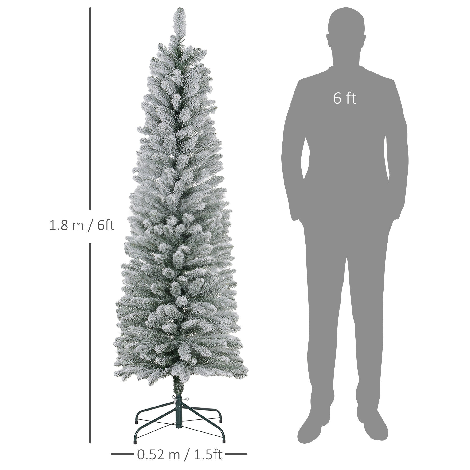 HOMCOM 6ft Artificial Pencil Christmas Tree with 329 Snow Flocked Tips, Metal Base, Realistic Xmas Tree - anydaydirect