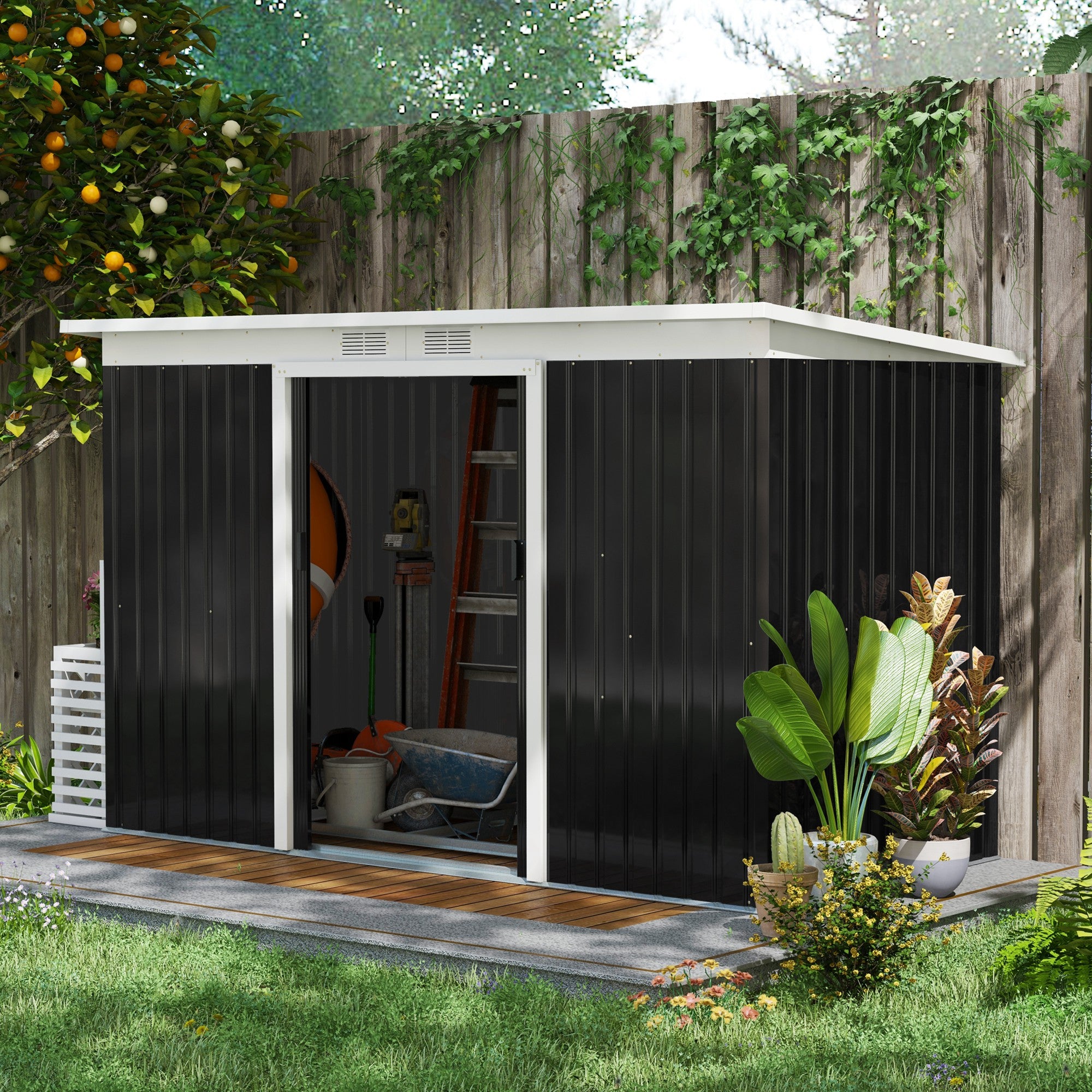 Outsunny 9 x 4 ft Metal Garden Storage Shed Patio Corrugated Steel Roofed Tool Box with Base, Kit Ventilation and Doors, Dark Grey - anydaydirect