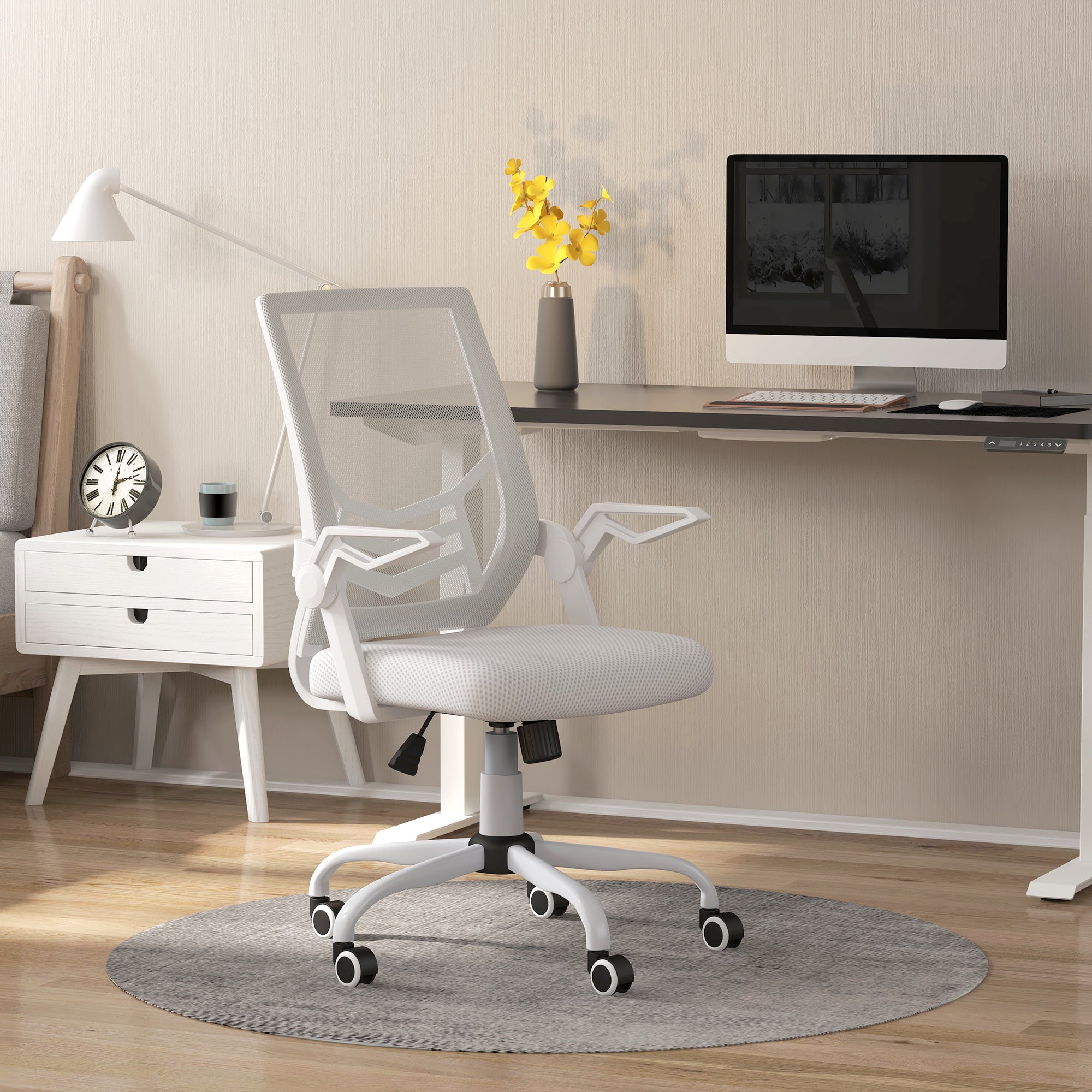 Vinsetto Mesh Office Chair, Computer Desk Chair with Flip-up Armrests, Lumbar Back Support and Swivel Wheels, White - anydaydirect