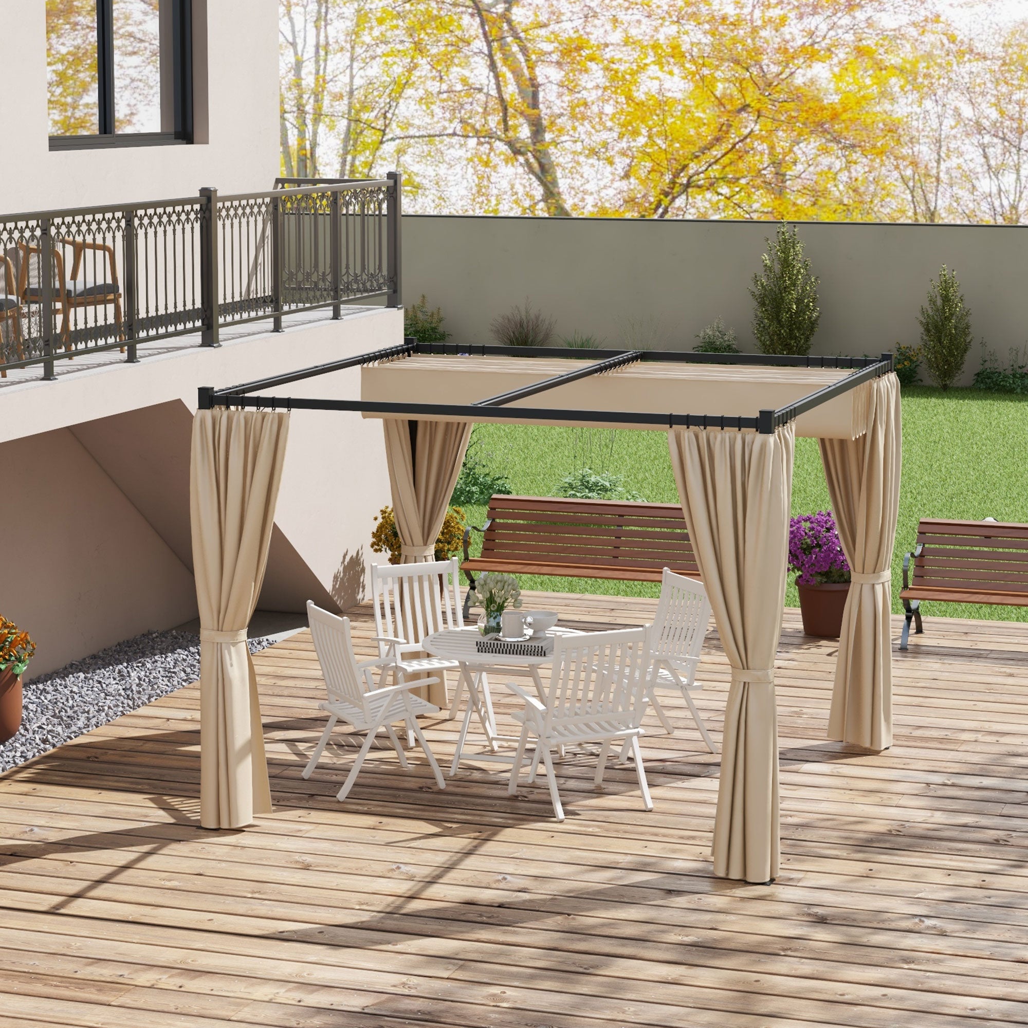 Outsunny 3 x 3(m) Retractable Pergola, Garden Gazebo Shelter with Curtains, for Grill, Patio, Deck, Beige - anydaydirect