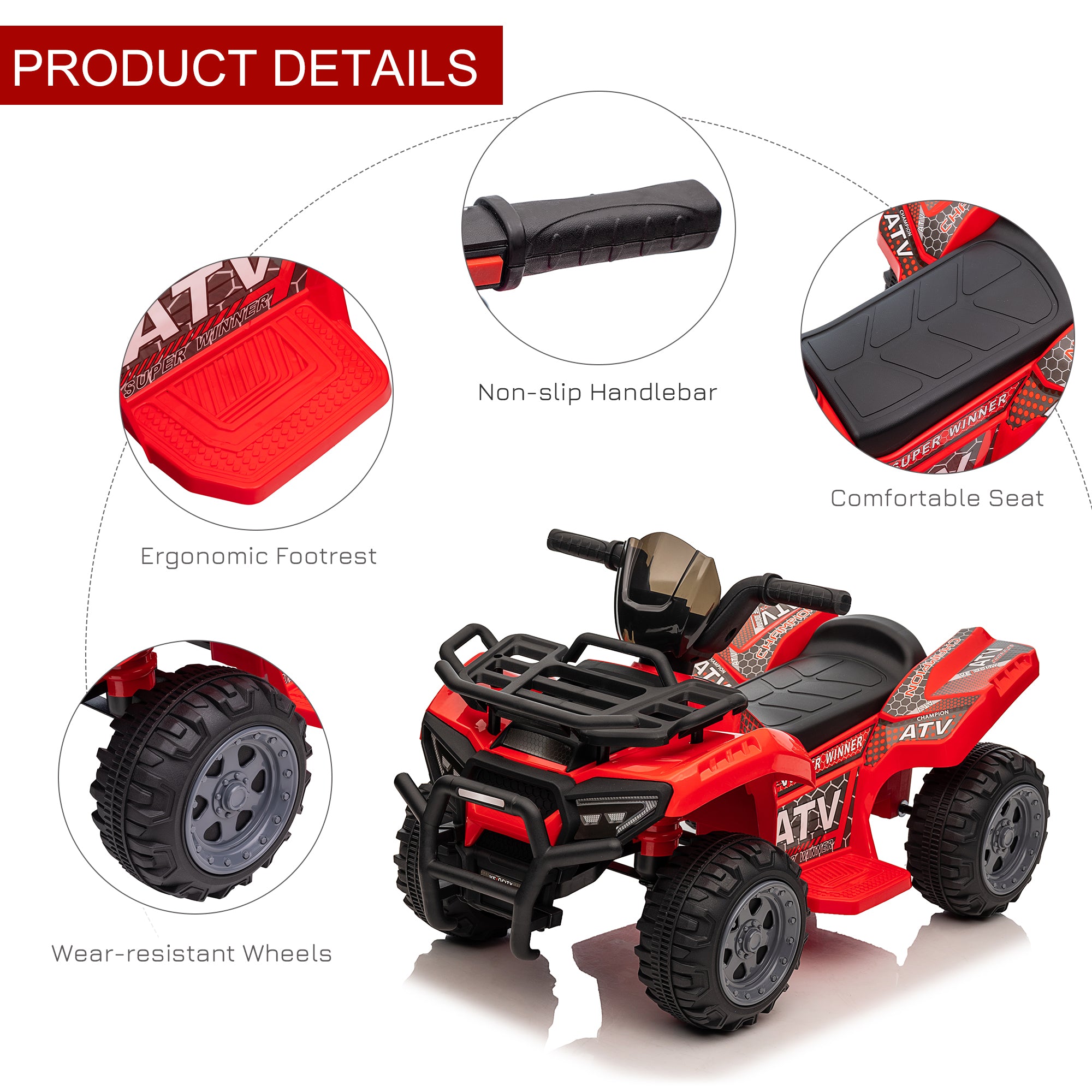 HOMCOM Kids' Battery-Powered Ride-On ATV with Real Working Headlights, 6V, for Ages 18-36 Months, Red - anydaydirect