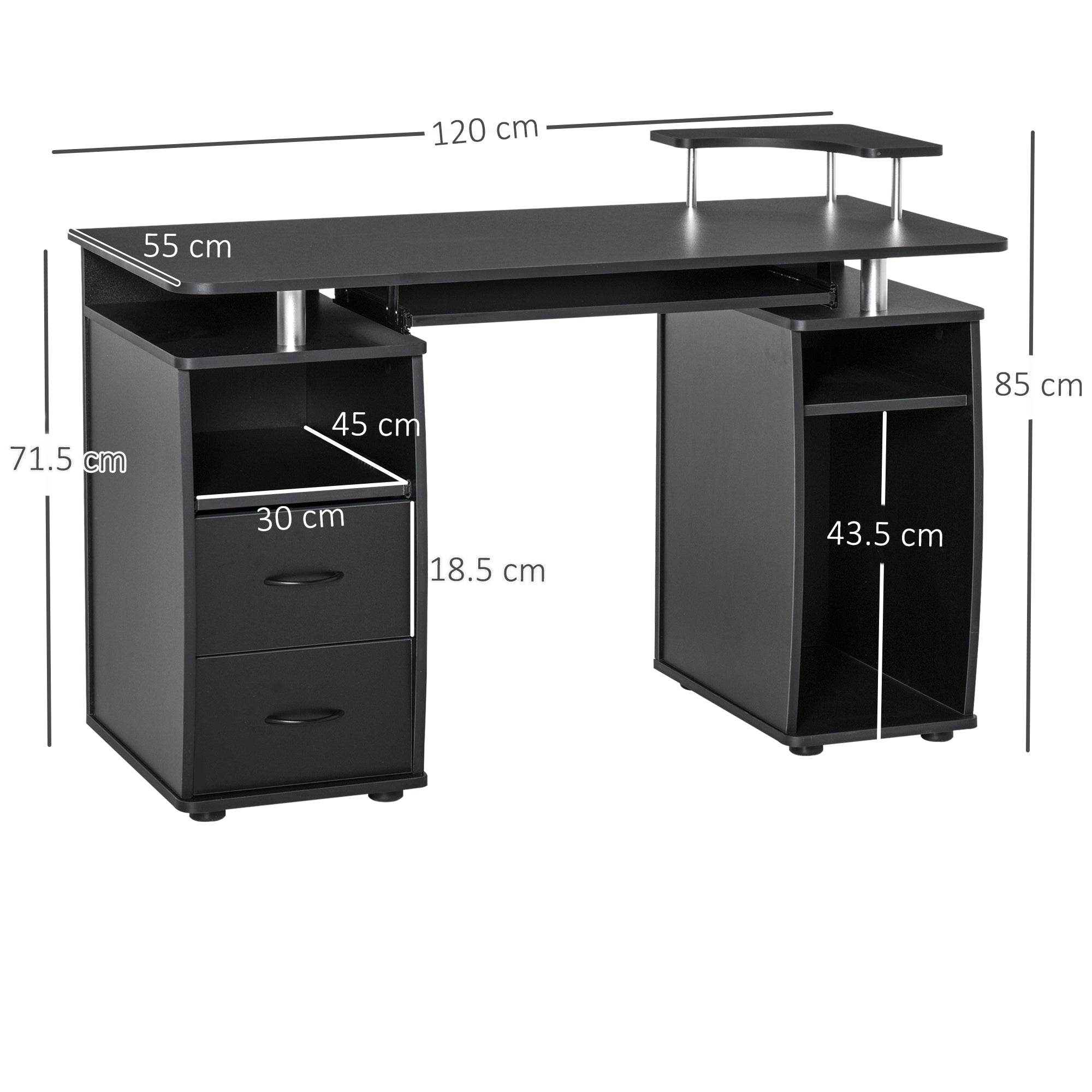 HOMCOM Computer Desk Office PC Table Workstation with Keyboard Tray, CPU Shelf, Drawers, Sliding Scanner Shelf, Black - anydaydirect