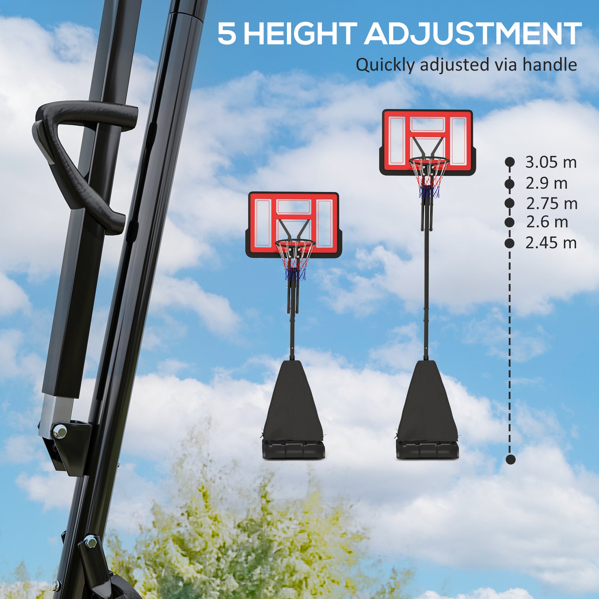 SPORTNOW 245-305cm Adjustable Basketball Hoop and Stand, with Wheels, Red - anydaydirect