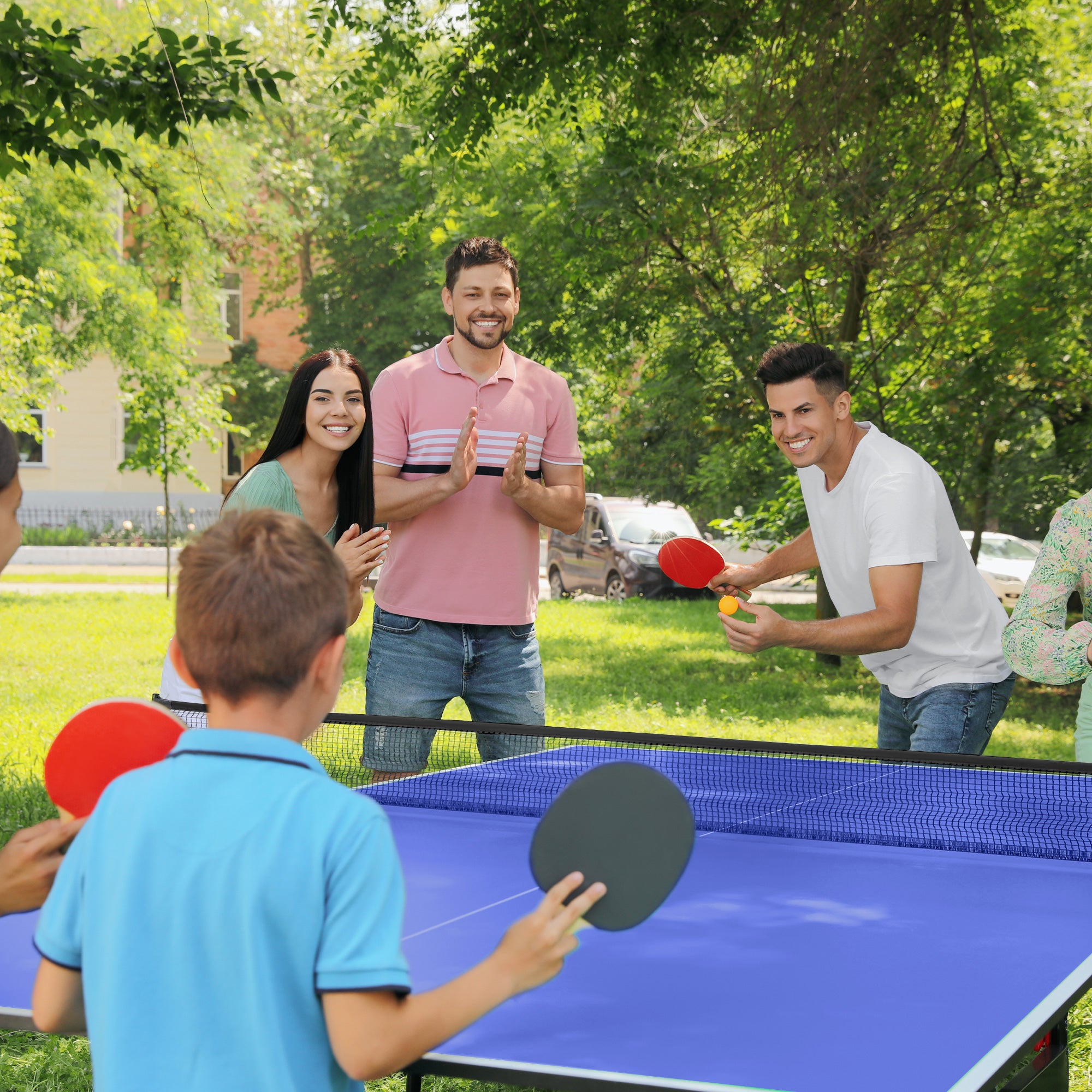 SPORTNOW 9FT Foldable Table Tennis Table, with Cover, Net, Paddles, Balls - Blue - anydaydirect