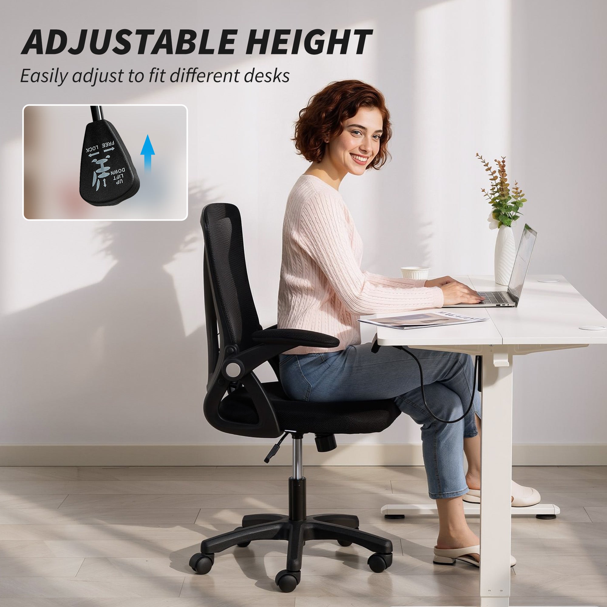 HOMCOM Office Chair, Mesh Desk Chair with Flip-up Armrests, Lumbar Support, Adjustable Height, Black - anydaydirect