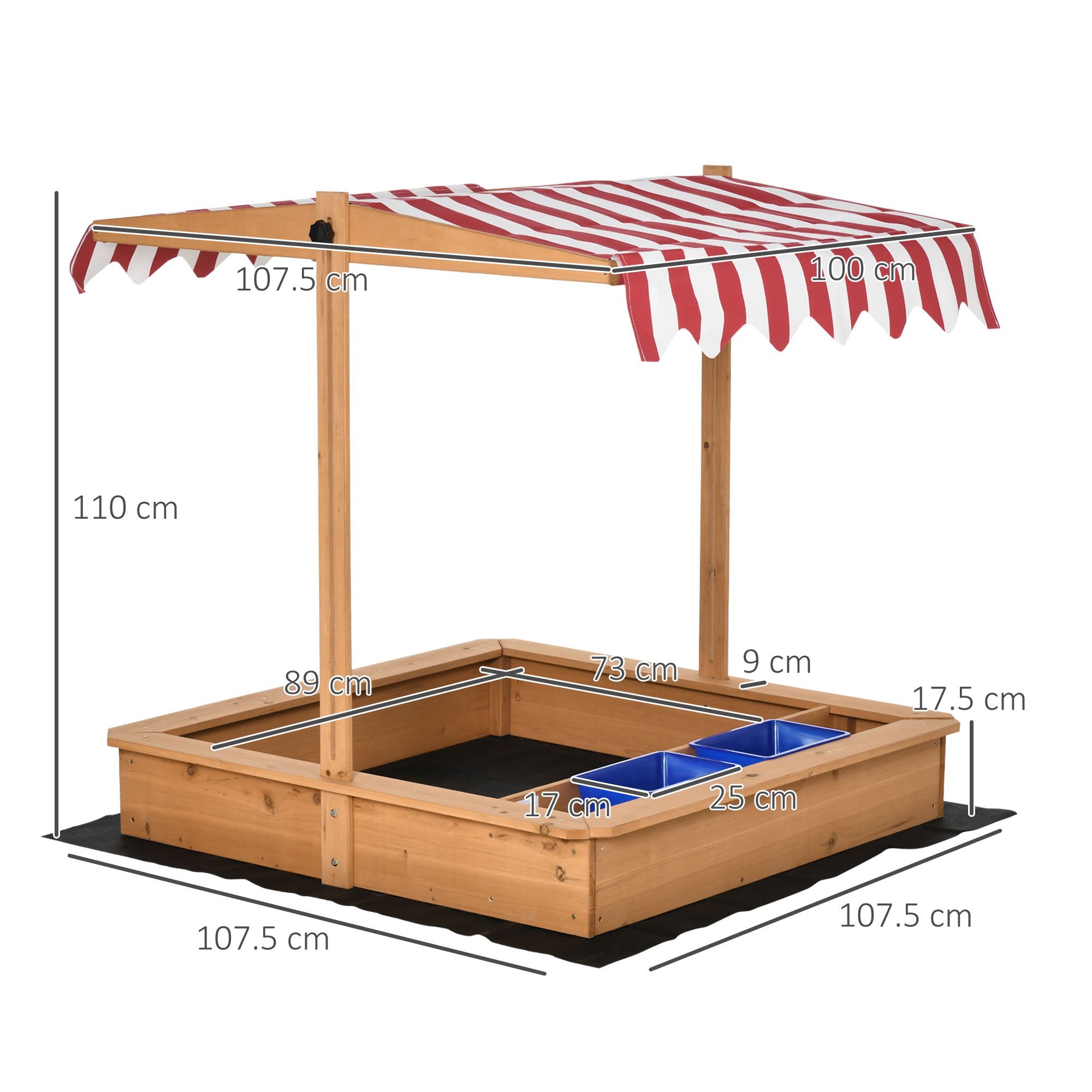 Outsunny Sand Pit Kids Wooden Sandbox with Cover Children Sandpit Play Station Height Adjustable with Canopy, Bottom Liner, Plastic Basins for Outdoor Aged 3-7 Years - anydaydirect