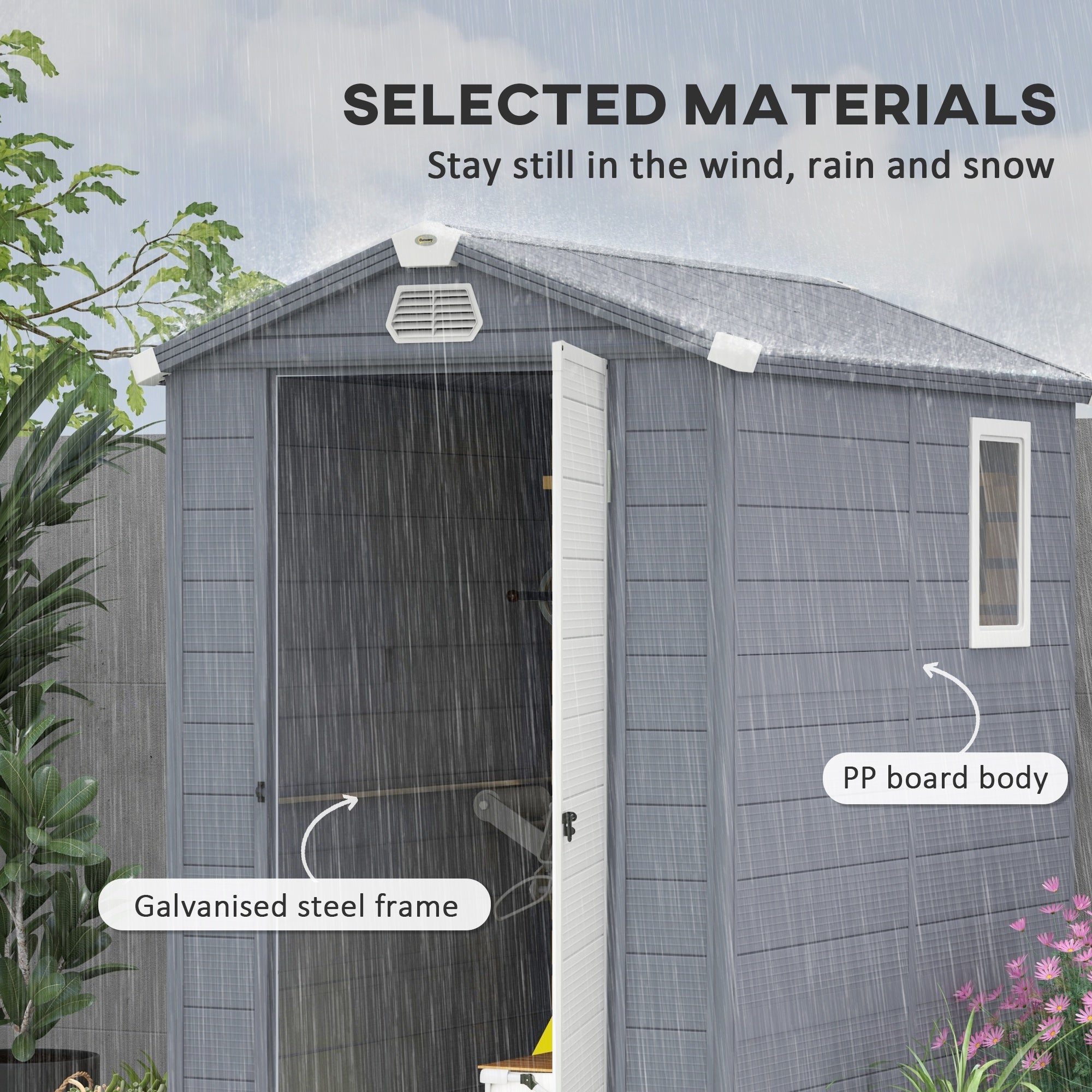 Outsunny 4 x 6ft Garden Shed with Foundation Kit, Polypropylene Outdoor Storage Tool House with Ventilation Slots and Lockable Door, Grey - anydaydirect