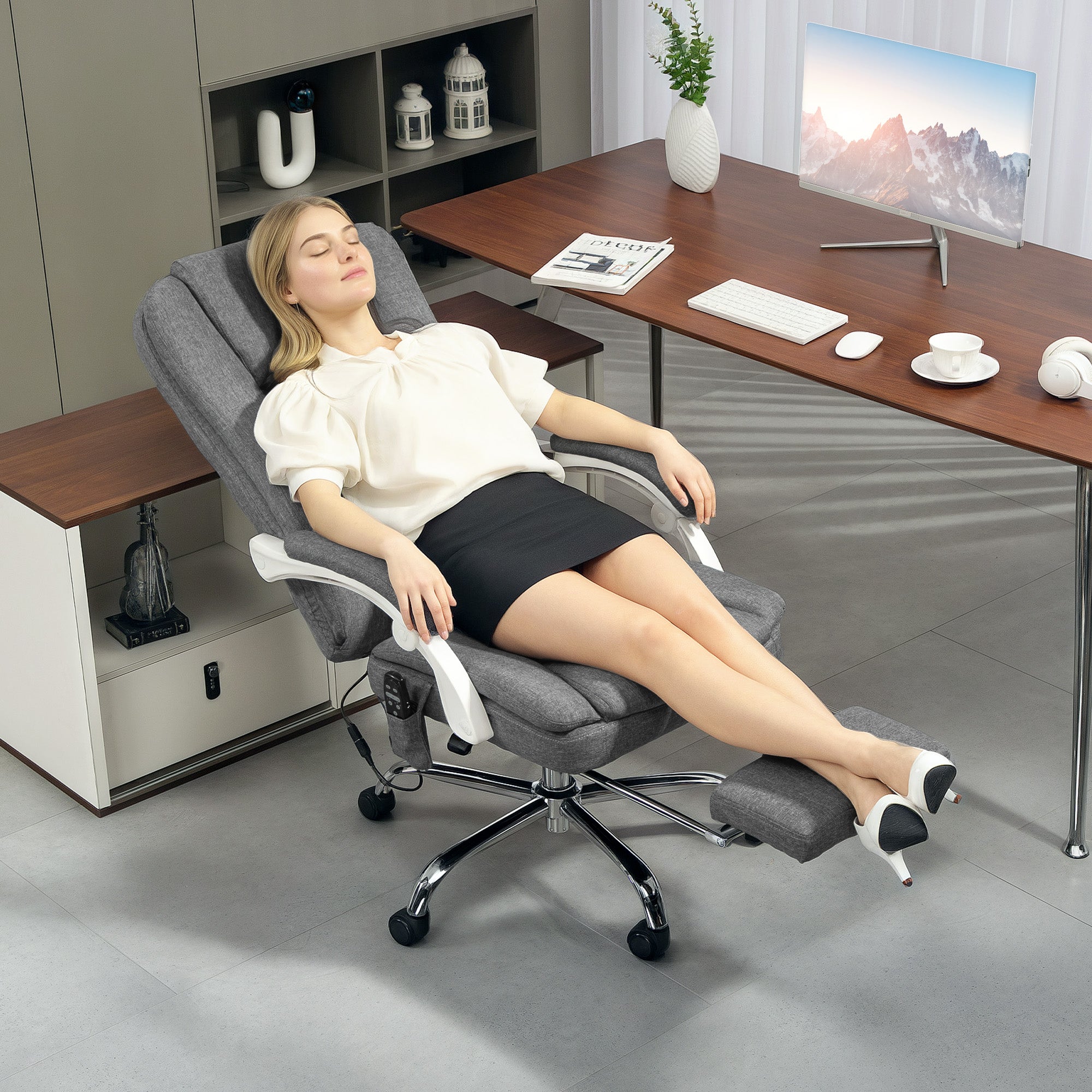 HOMCOM Executive Office Chair with 8-point Massage and Heat, Fabric Computer Desk Chair with Reclining Backrest, High Back, Height Adjustable, Swivel Wheels, Footrest, Remote, for Home, Grey - anydaydirect