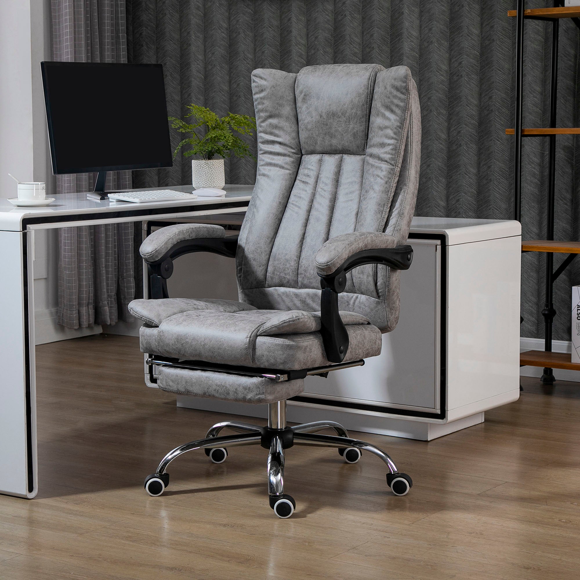 Vinsetto Home Office Chair Microfibre Desk Chair with Reclining Function Armrests Swivel Wheels Footrest Grey - anydaydirect