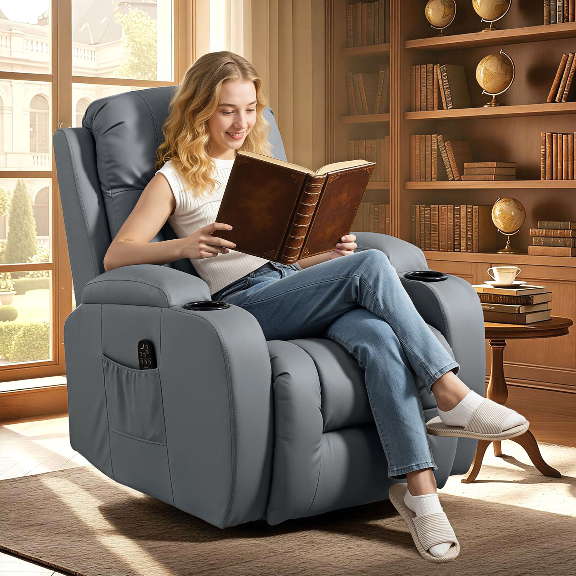 HOMCOM Massage Recliner Armchair, PU Leather Recliner Chair, Grey - anydaydirect
