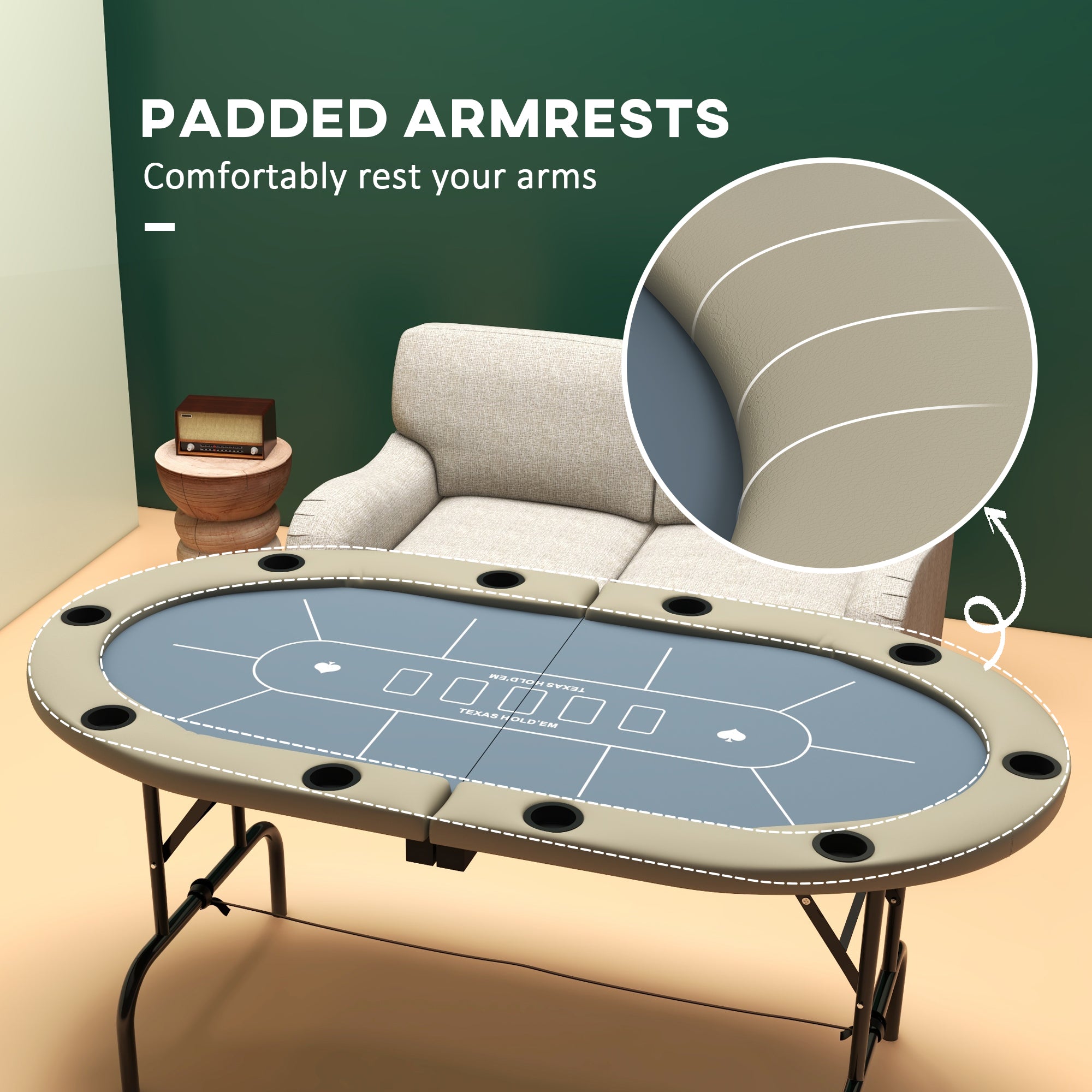 SPORTNOW 10 Player Folding Poker Table, with Cup Holders, Cushioning Edge, Brown and Blue - anydaydirect