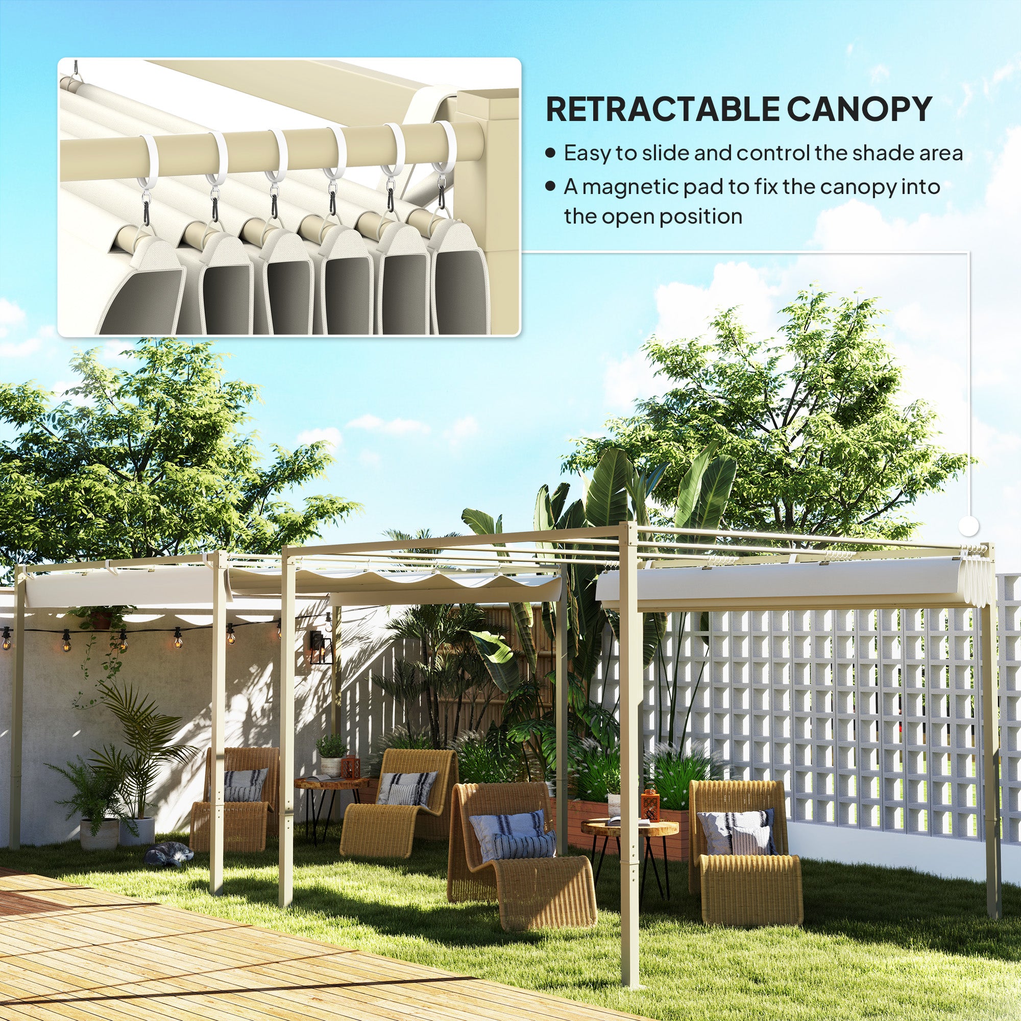 Outsunny 3 x 3(m) Garden Pergola with Retractable Roof and Magnetic Fixture, Outdoor Gazebo Pergola Kit Sun Shade Canopy, UPF30+, Khaki - anydaydirect