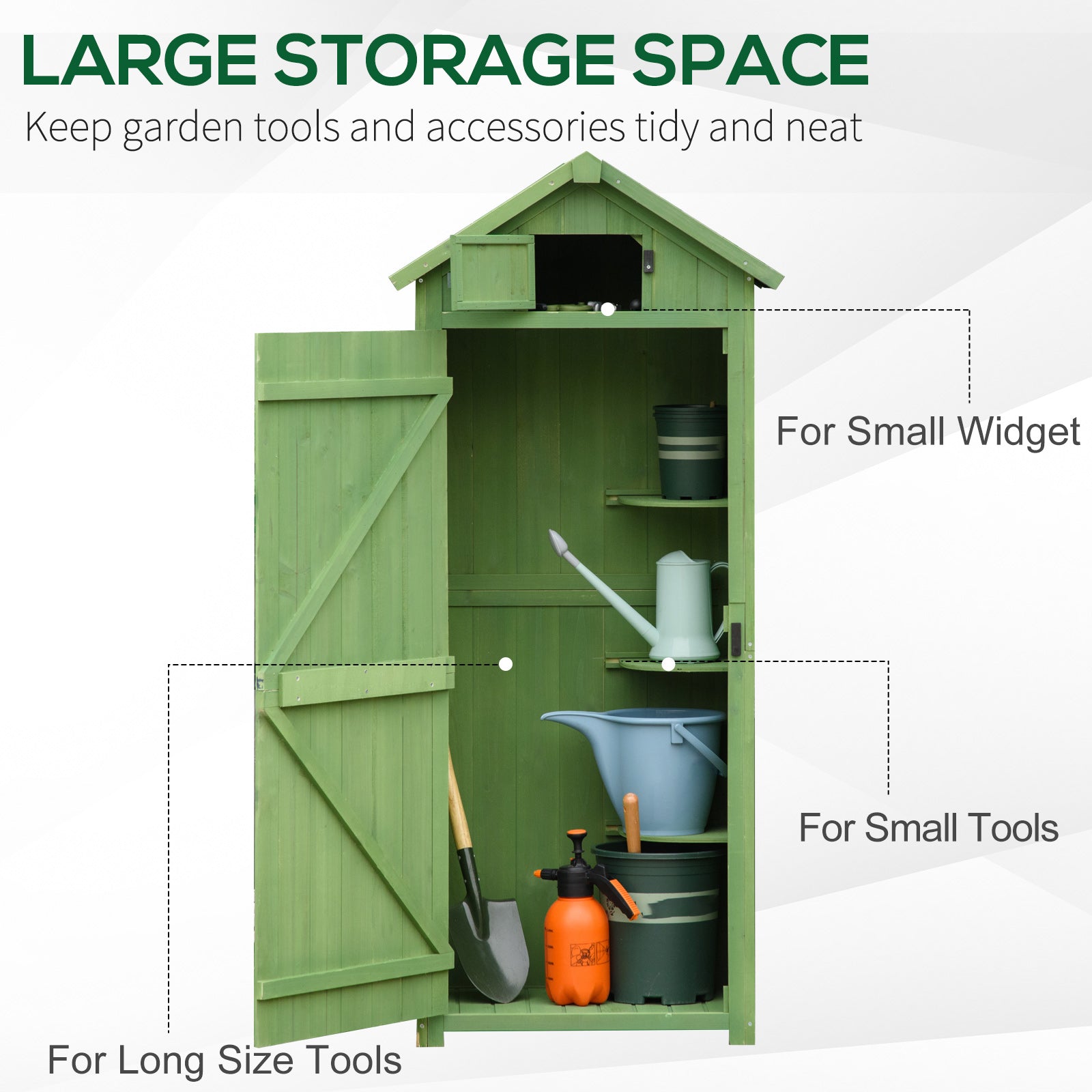 Outsunny Garden Shed Vertical Utility 3 Shelves Shed Wood Outdoor Garden Tool Storage Unit Storage Cabinet, 77 x 54.2 x 179cm - Green - anydaydirect