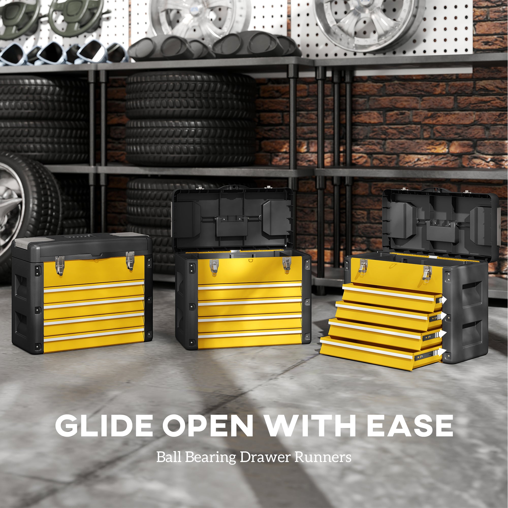 HOMCOM 4 Drawers Large Toolbox - Yellow - anydaydirect