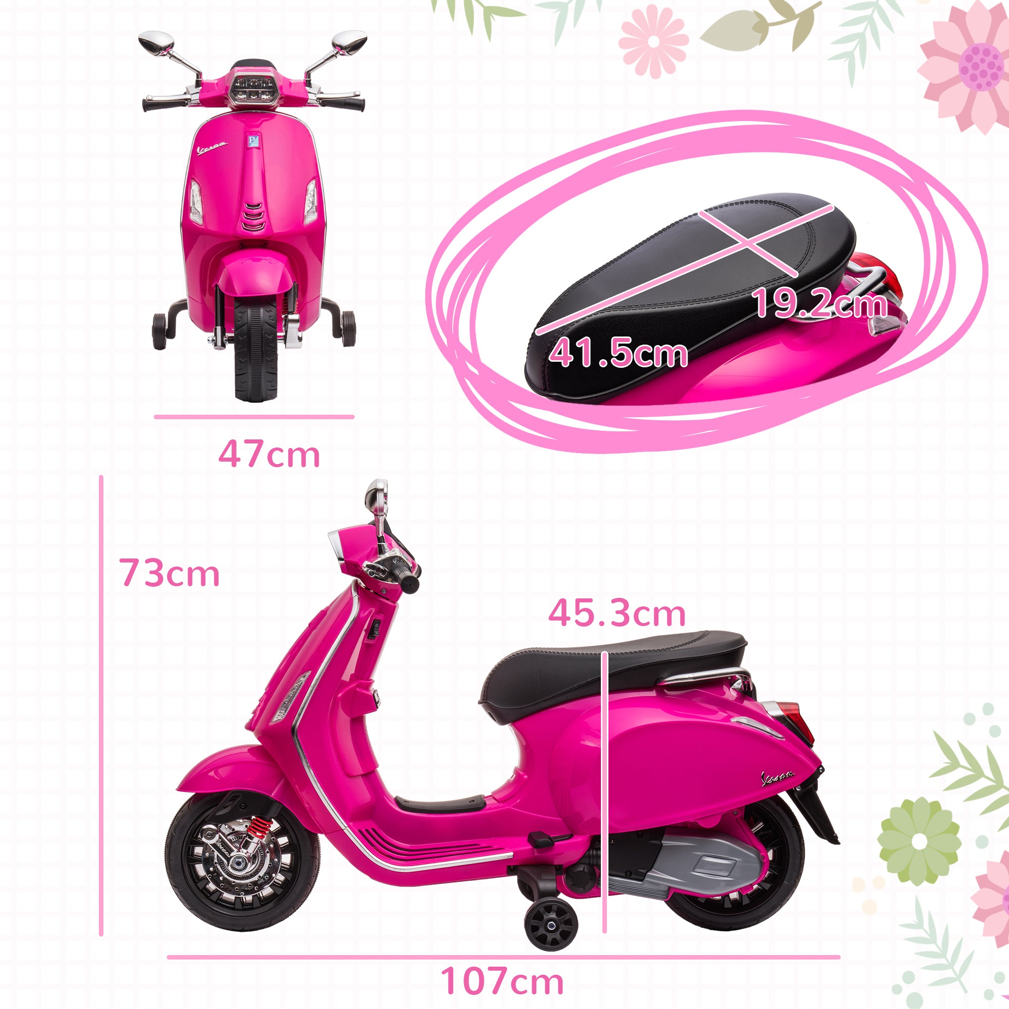 AIYAPLAY 12V Vespa Licensed Kids Electric Motorbike w/ Music, Headlights, FM Radio, for 3-6 Years - Pink - anydaydirect