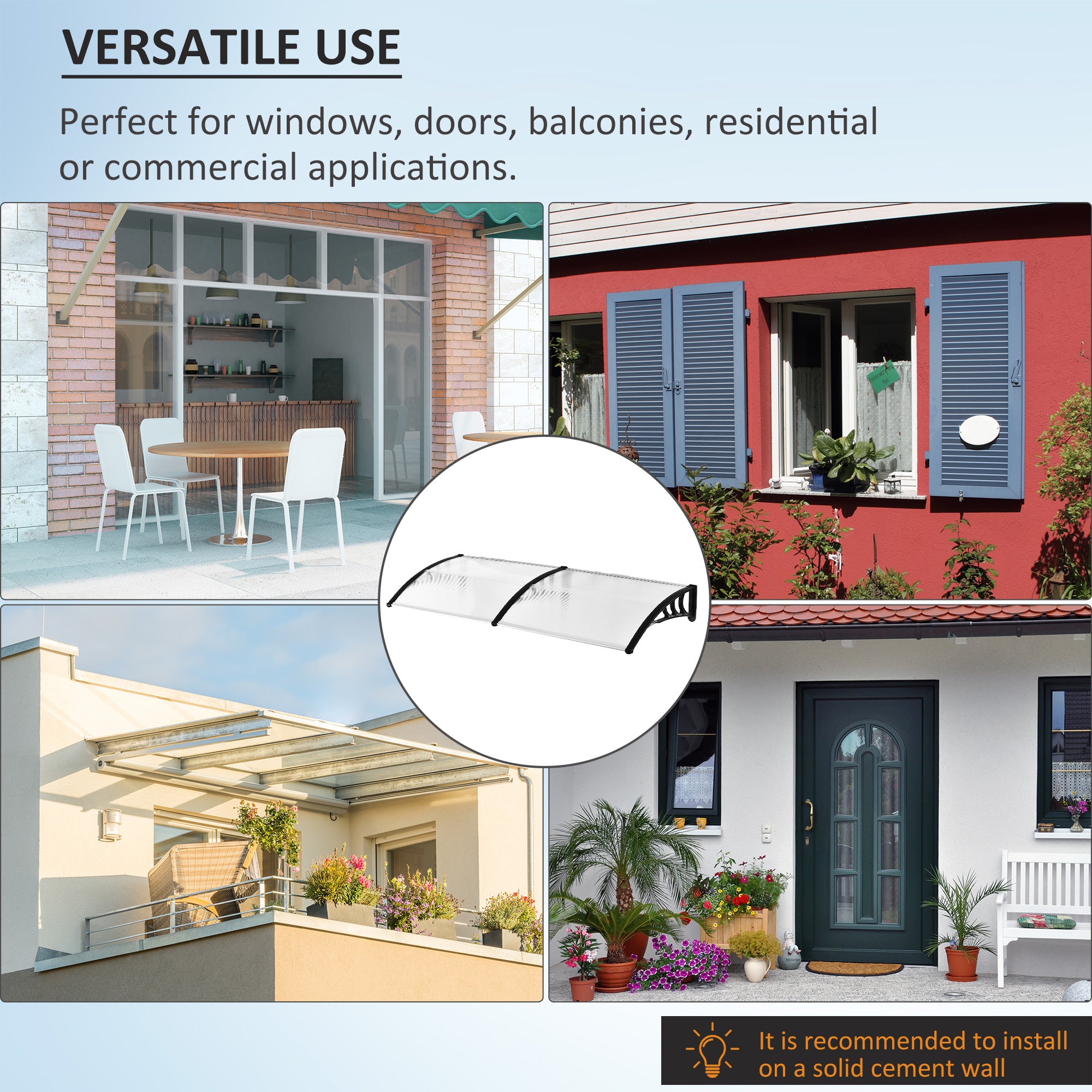 Outsunny 75 x 195 cm Curved Door Window Awning Canopy, Polycarbonate Cover Front Door Outdoor Patio, UV Rain Snow Protection Shelter, Clear - anydaydirect