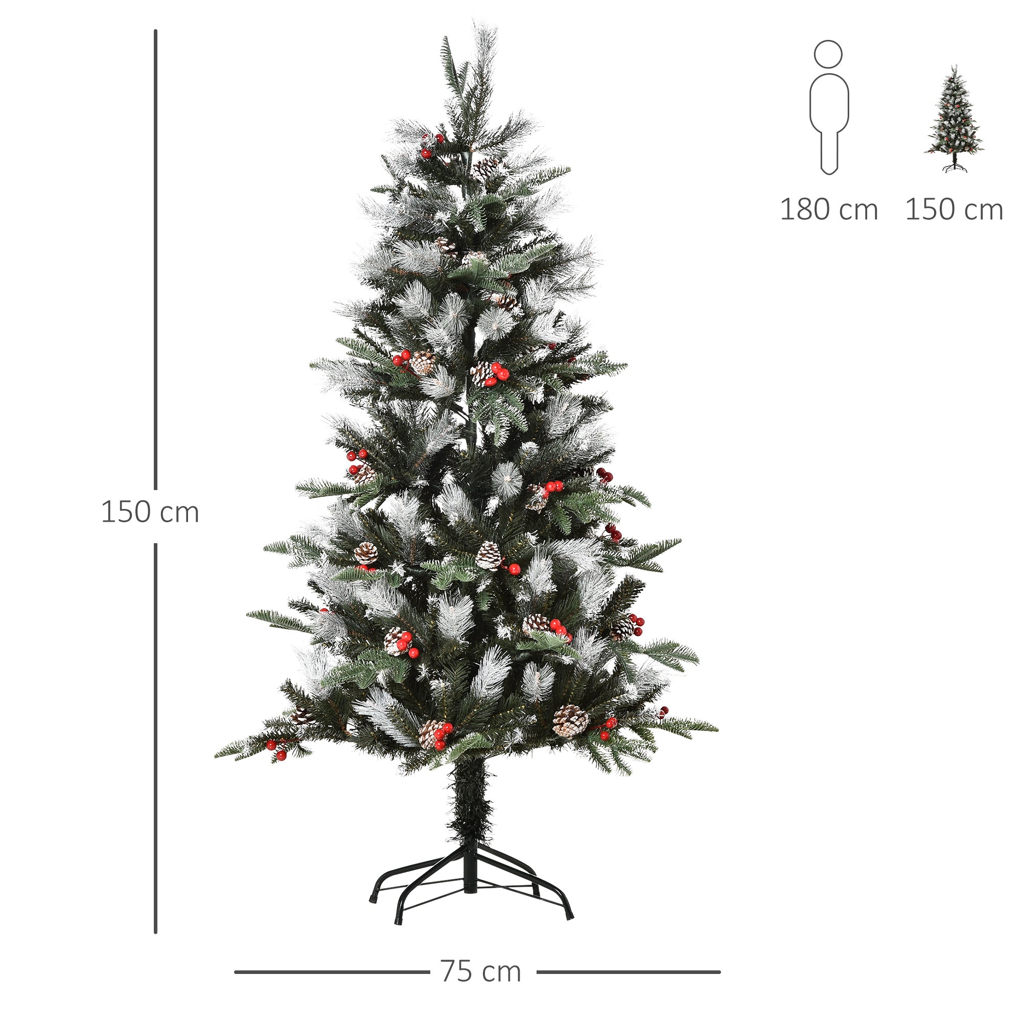 HOMCOM 5FT Artificial Snow Dipped Christmas Tree Xmas Pencil Tree Holiday Home Party Decoration w/ Foldable Feet Berries Pinecones, Green - anydaydirect
