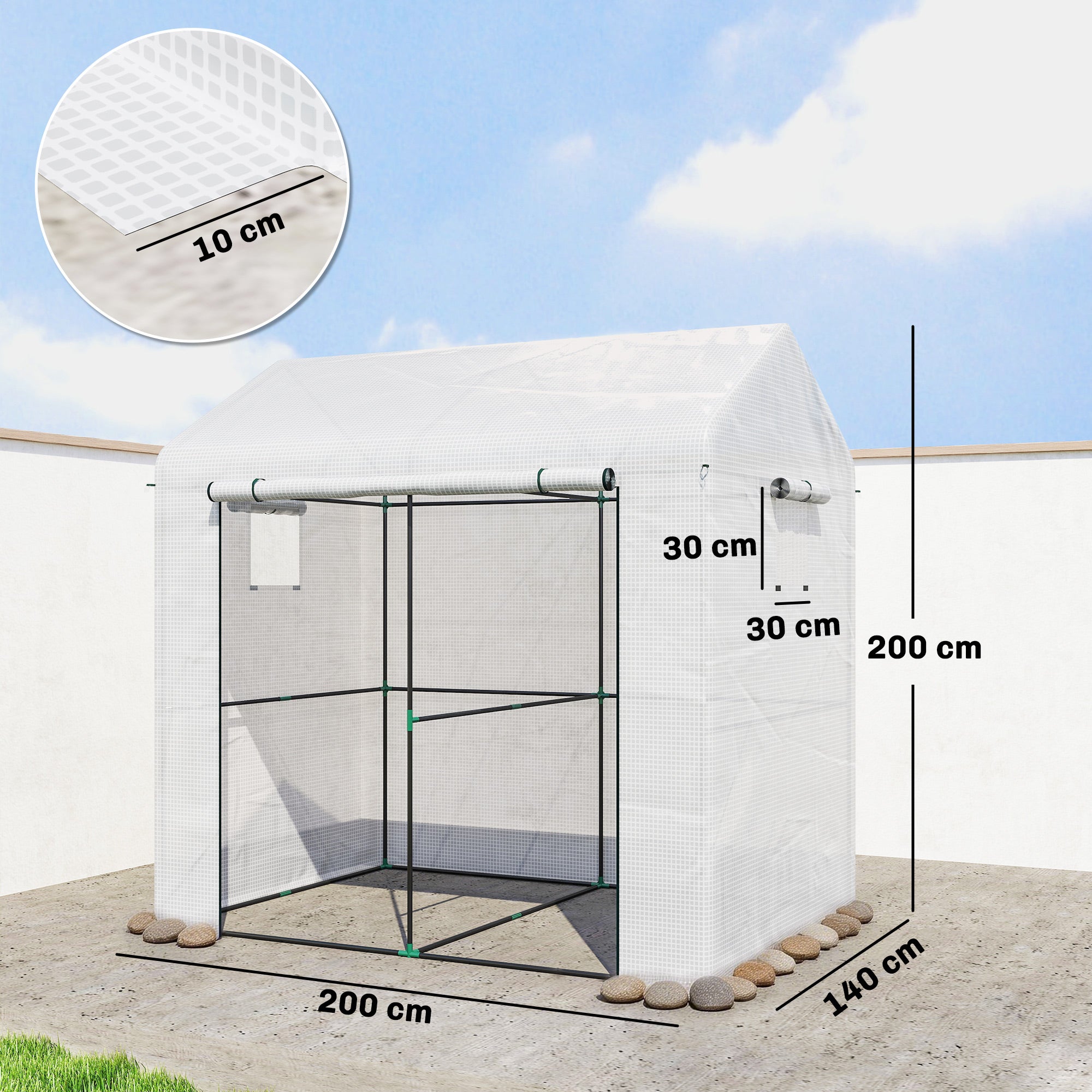Outsunny Walk-in Greenhouse, Outdoor Tomato Greenhouse with Roll-up Door and Mesh Windows, PE Cover, 200 x 140 x 200cm, White - anydaydirect