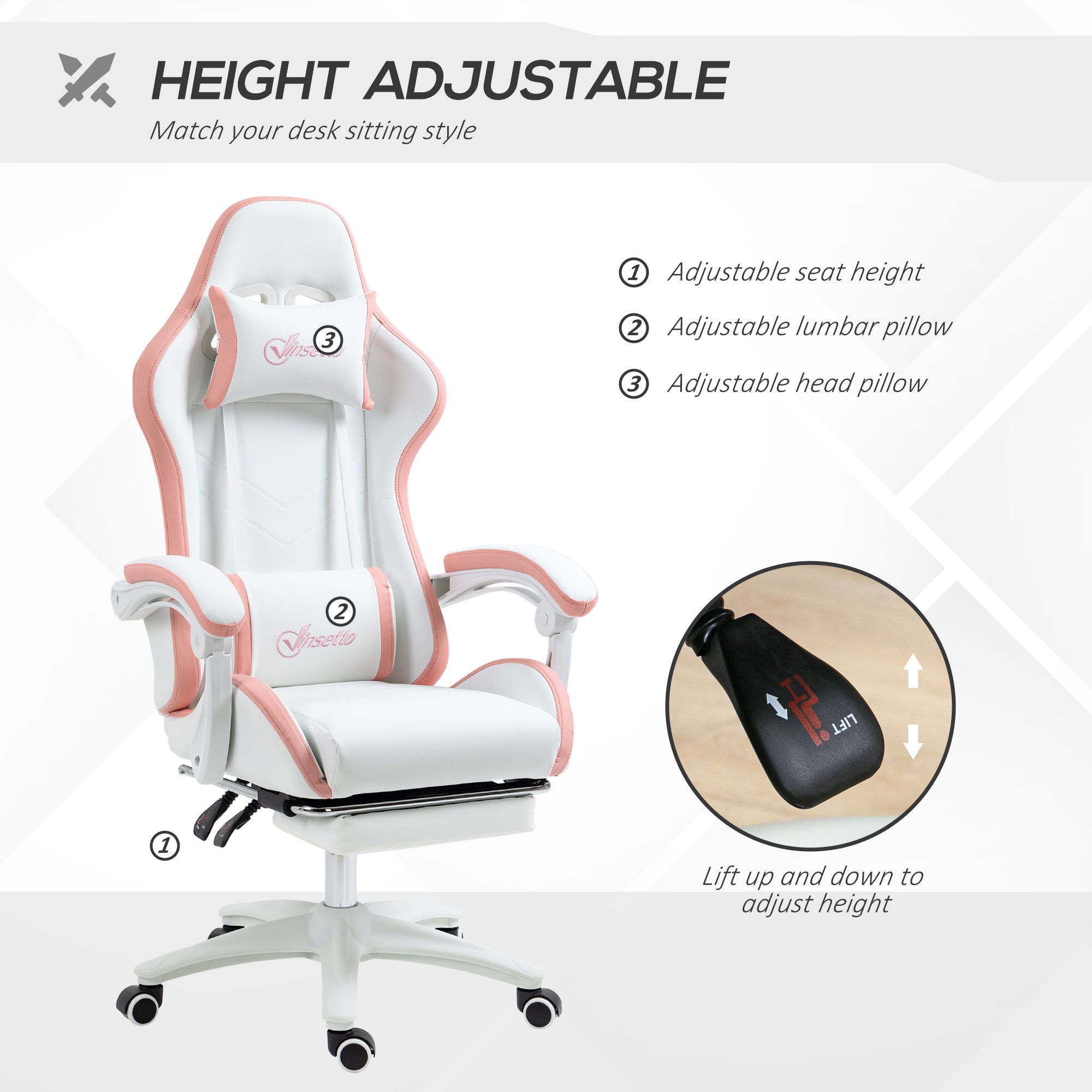Vinsetto Computer Gaming Chair, PU Leather Desk Chair with Footrest, Swivel Task Chair with 135° Reclining Back and Lumbar Support, PC Chair for Adults, White and Pink - anydaydirect