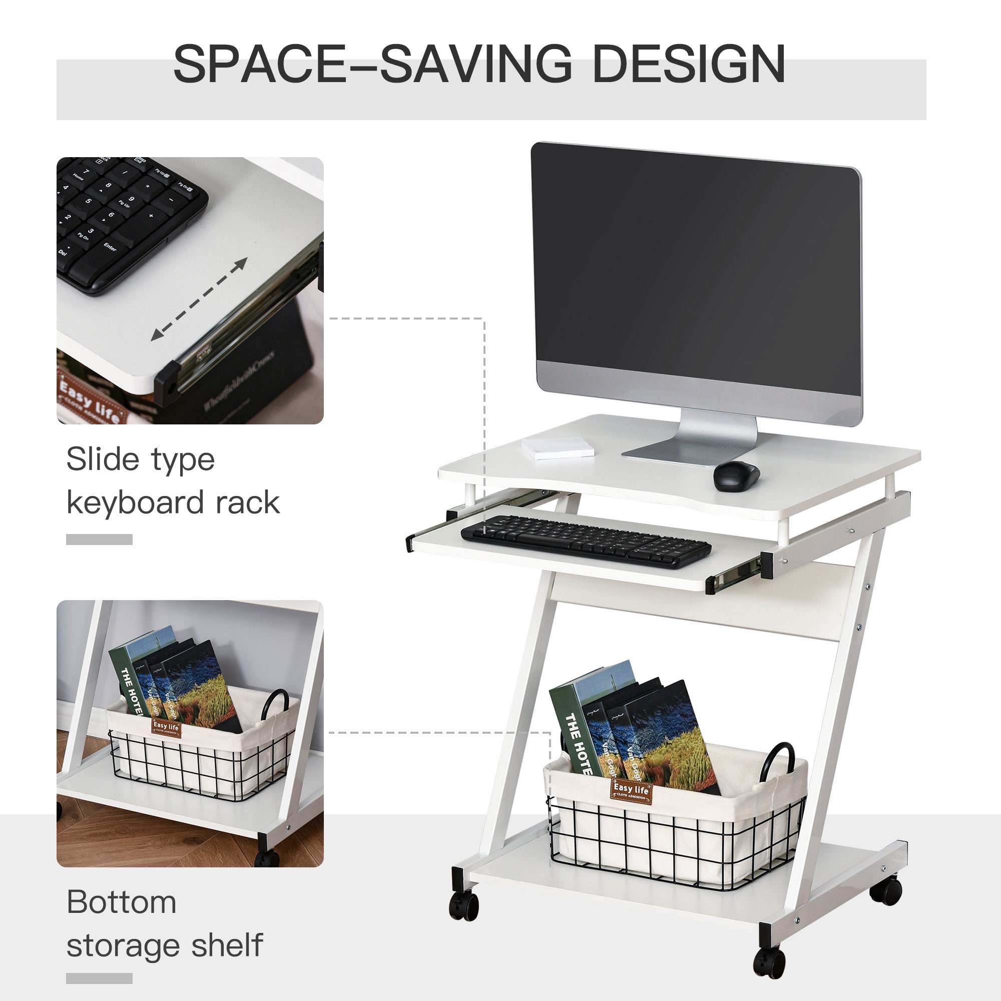 HOMCOM Movable Computer Desk with 4 Moving Wheels Sliding Keyboard Tray Home Office Workstation White - anydaydirect