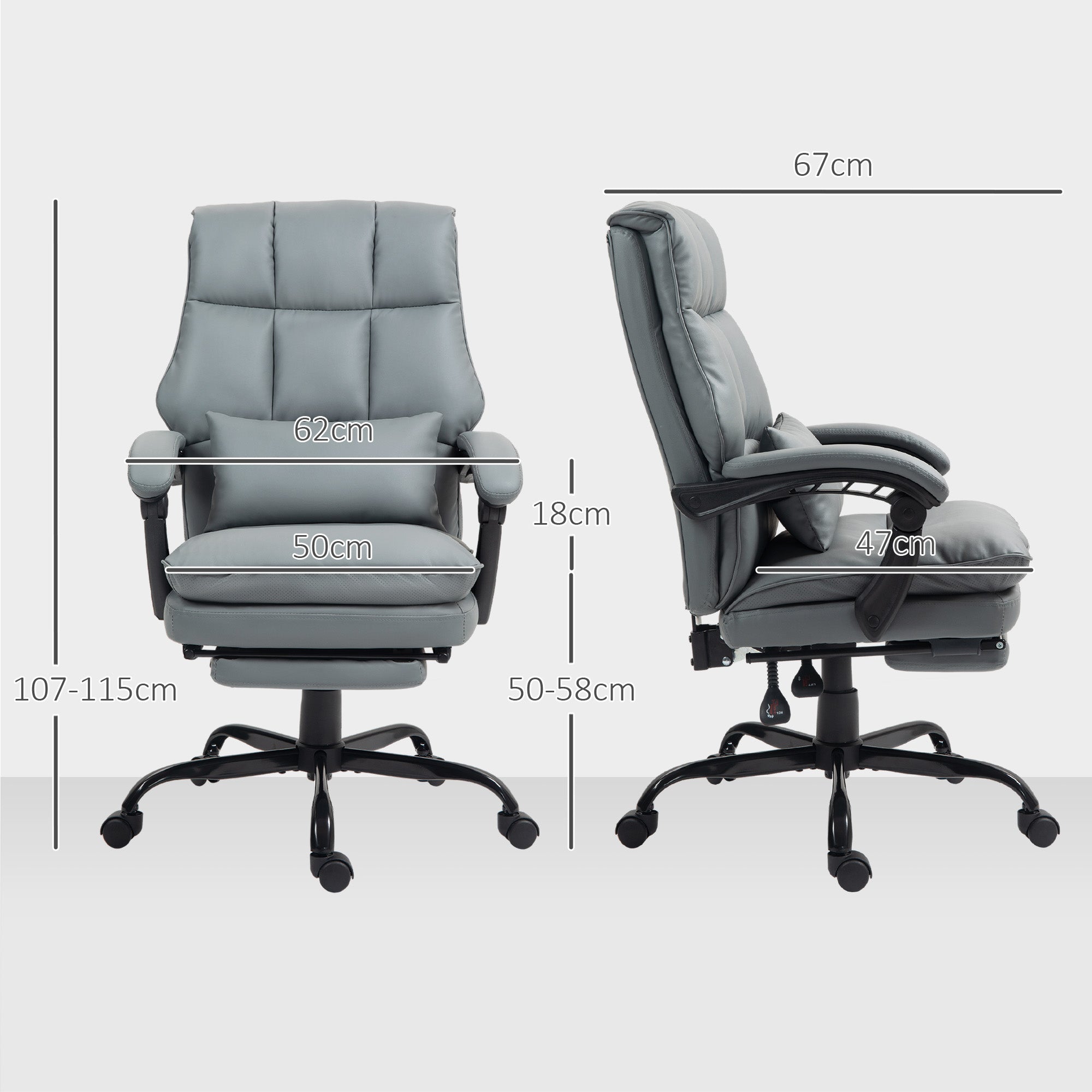 HOMCOM Faux Leather Reclining Office Chair, with Footrest - Grey - anydaydirect