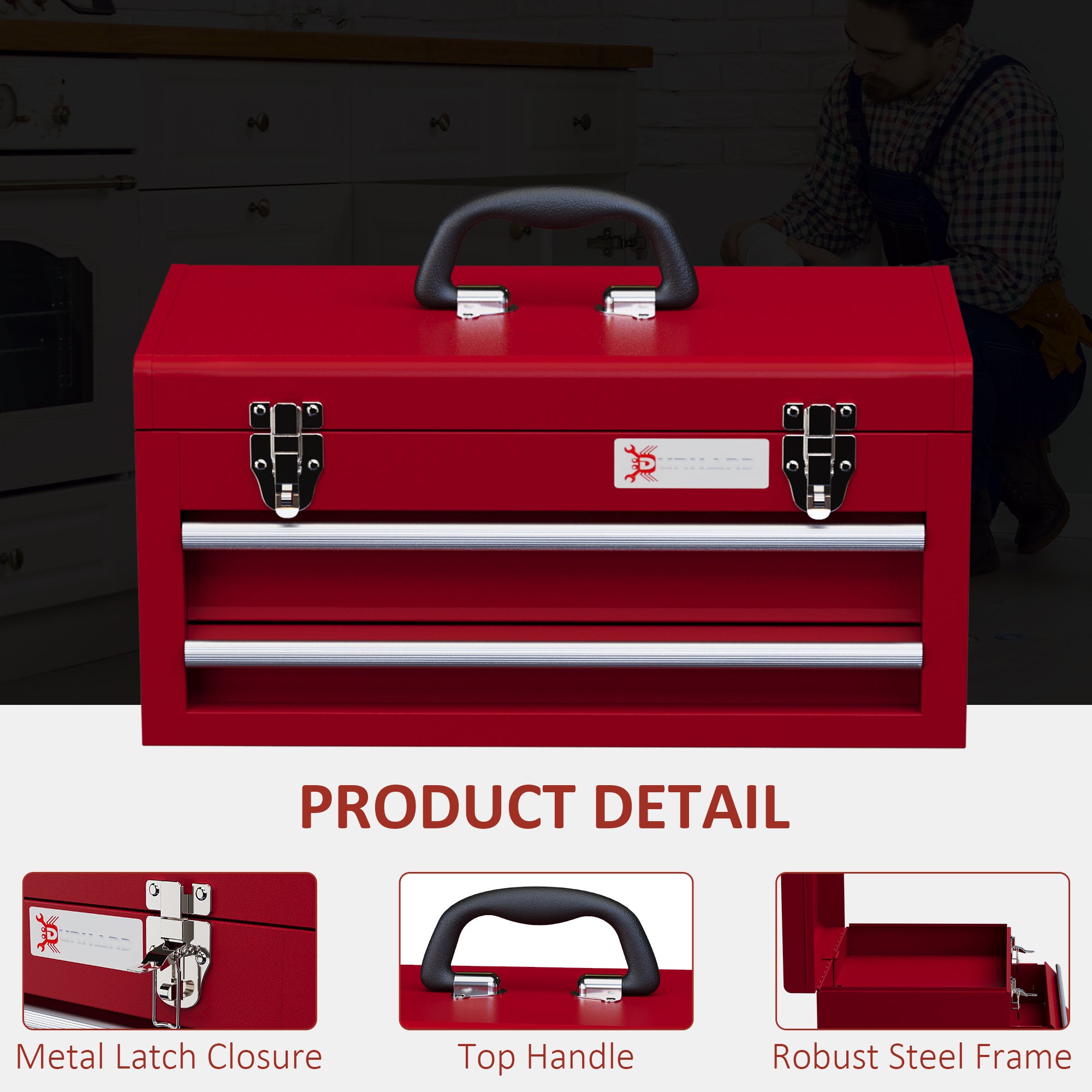 DURHAND Lockable Metal Tool Box, 2 Drawer Tool Chest with Latches, Handle, Ball Bearing Runners, Red - anydaydirect