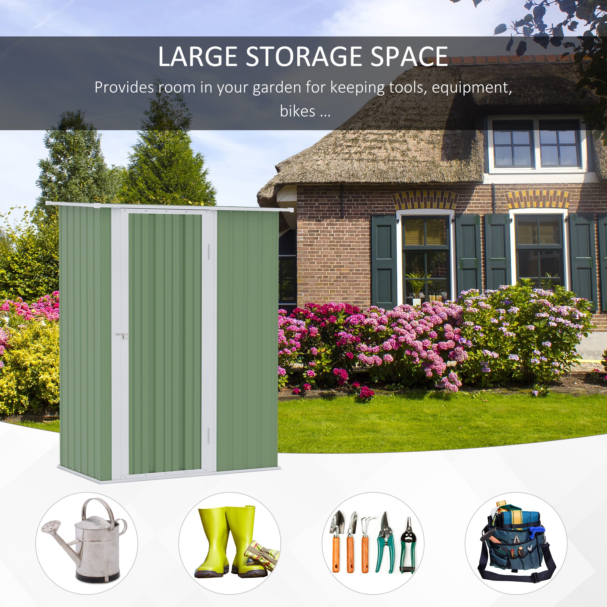 Outsunny Garden Storage Shed, Outdoor Tool Shed with Sloped Roof, Lockable Door for Equipment, Bikes, Light Green, 142 x 84 x 189cm - anydaydirect