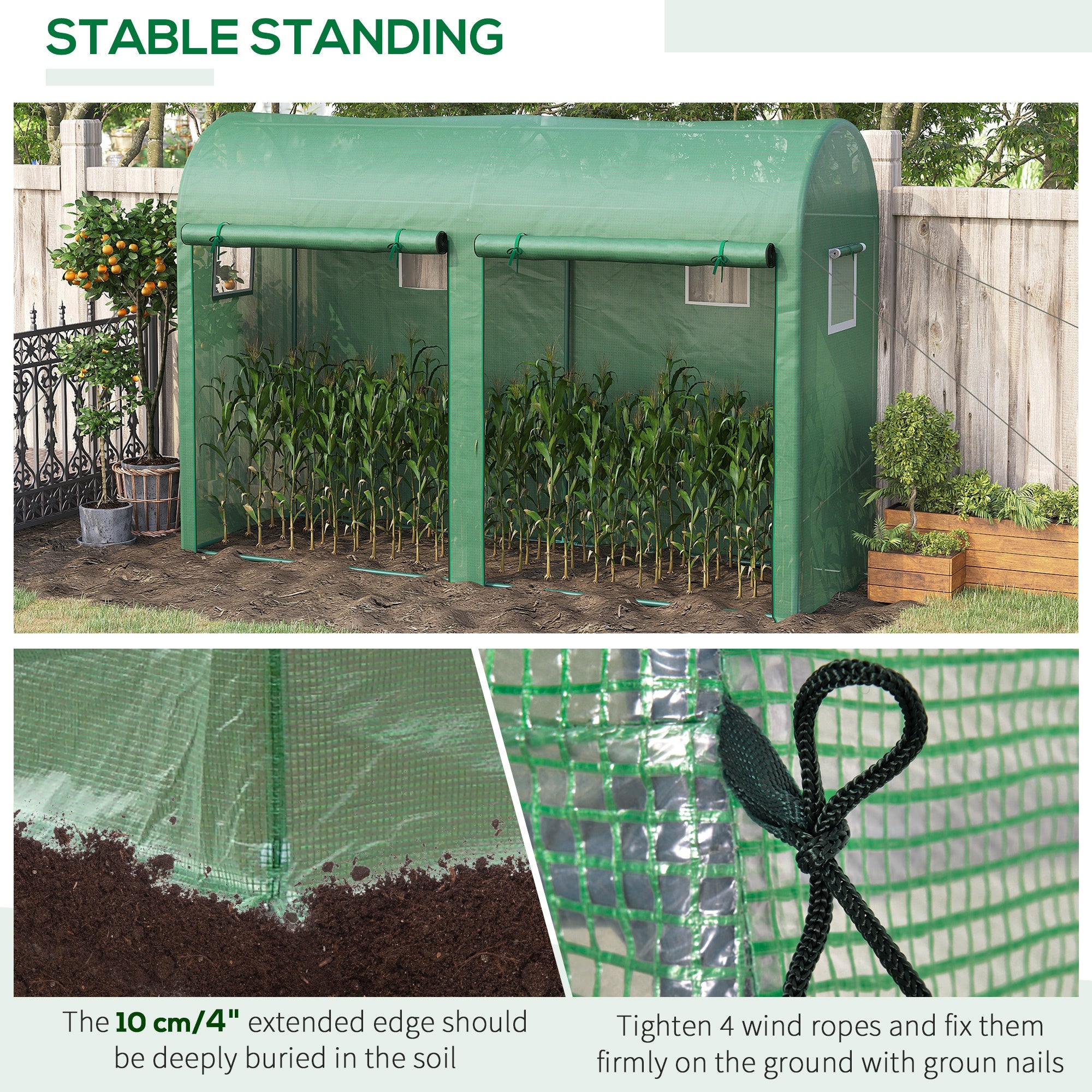 Outsunny Garden Plant Tomato Growth Greenhouse W/ Double Doors & 4 Windows  PE Cover Steel Frame Green, 3L x 1W x 2H (m) - anydaydirect