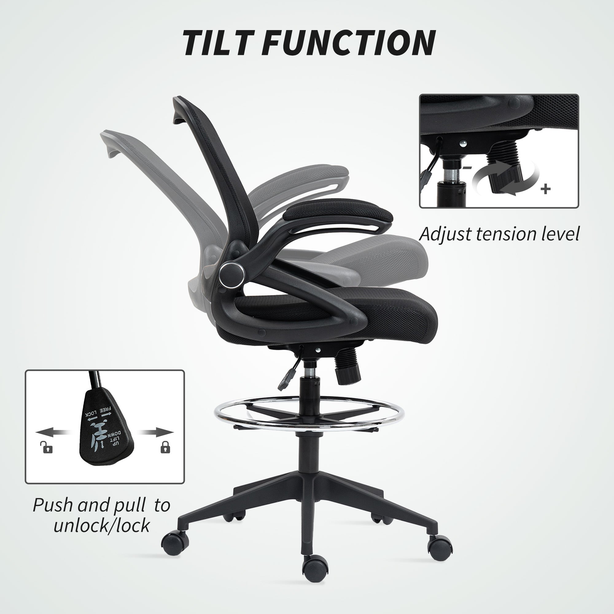 Vinsetto Drafting Chair with Flip-up Armrest, Mesh Office Stool with Foot Ring, 360° Swivel Height Adjustable Chair for Standing Desk, Black - anydaydirect