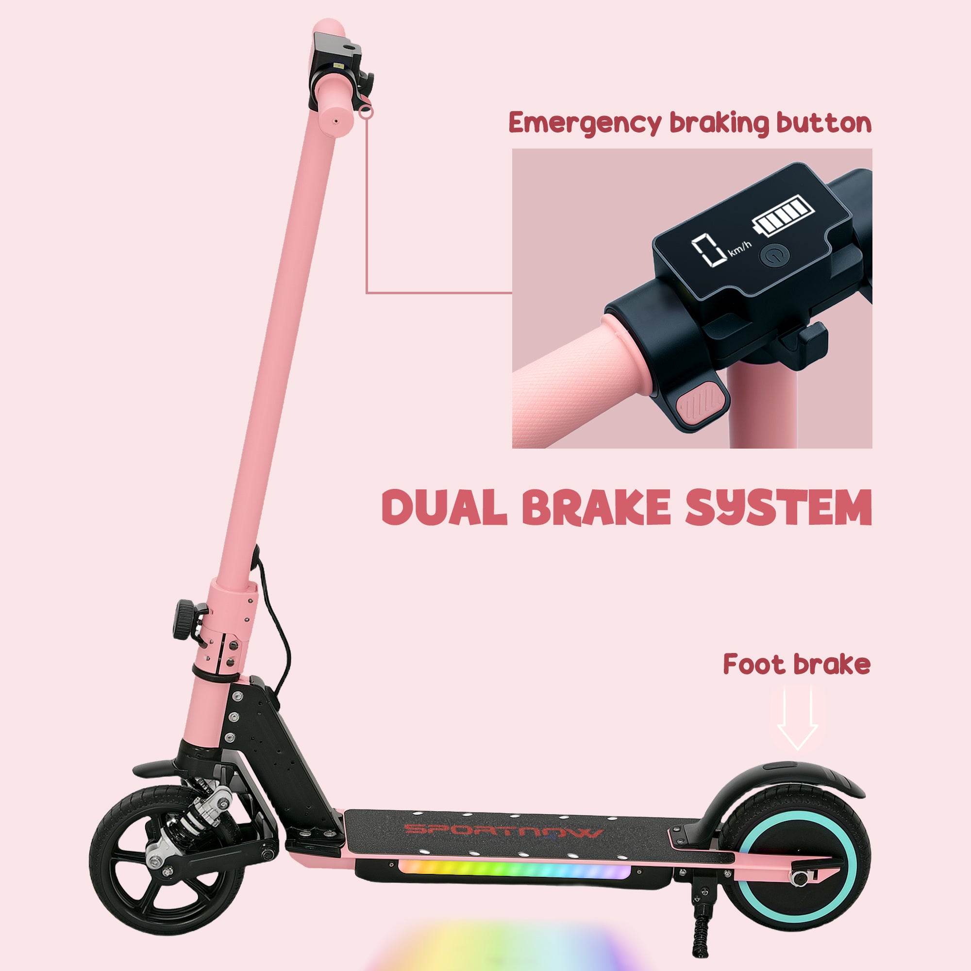 SPORTNOW Folding Electric Scooter for Kids Age 6-14 with Dual Brakes, Front Suspension, LED Colourful Lights and Display, 6.8kg Lightweight Aluminium E Scooter, Up to 14 KM/H & 6 KM, Pink - anydaydirect