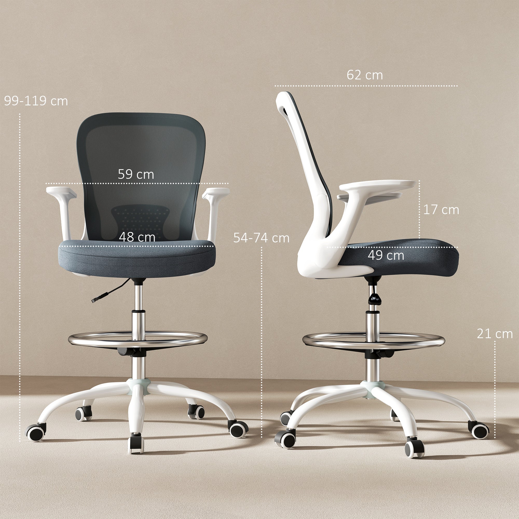 HOMCOM Draughtsman Chair, Mesh Drafting Chair, Ergonomic Office Chair with Flip-up Armrest, Adjustable Foot Ring, Grey - anydaydirect