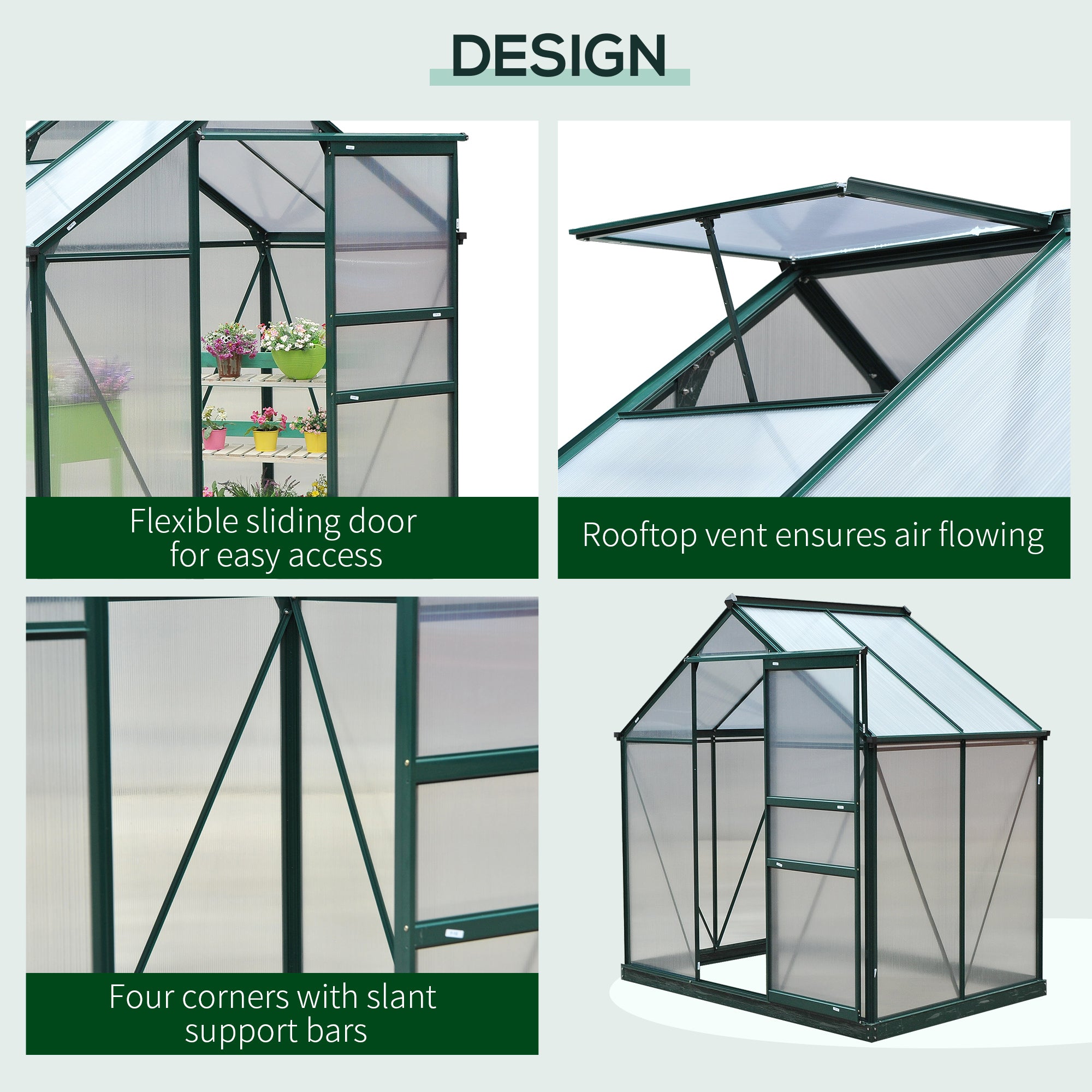 Outsunny 6 x 4ft Polycarbonate Greenhouse, Large Walk-In Green House with Slide Door and Window, Garden Plants Grow House with Aluminium Frame and Foundation, Dark Green - anydaydirect