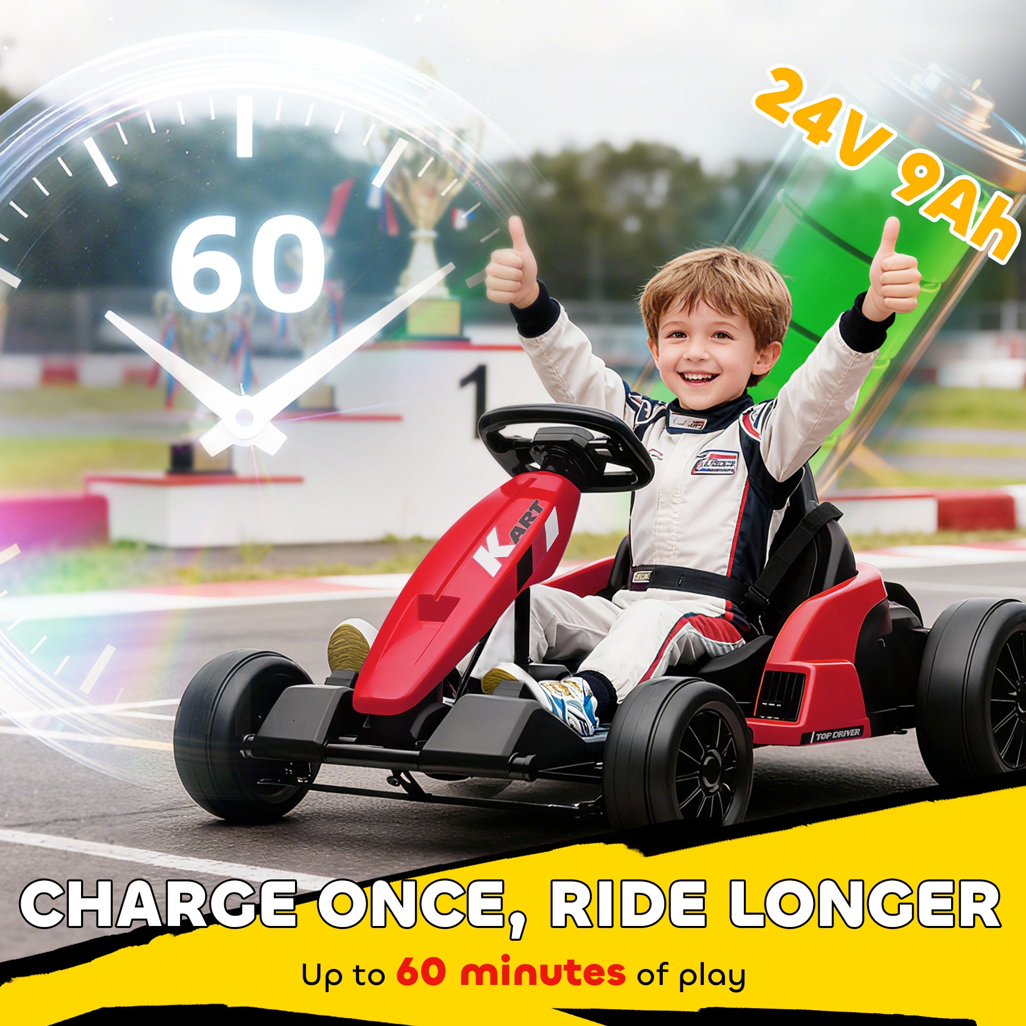 AIYAPLAY 24V Electric Go Kart, Drift Kart with Adjustable Seat, Slow Start, 5-Point Harness, Music, Horn, for 6-12 Years, Red - anydaydirect